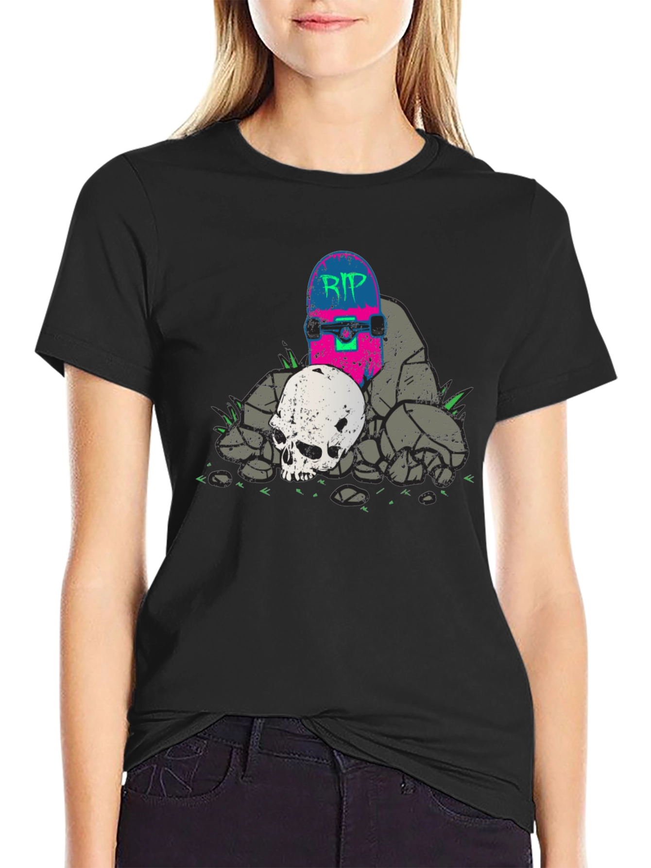 Skateboard & Skull Graphic T-Shirt - RIP Design