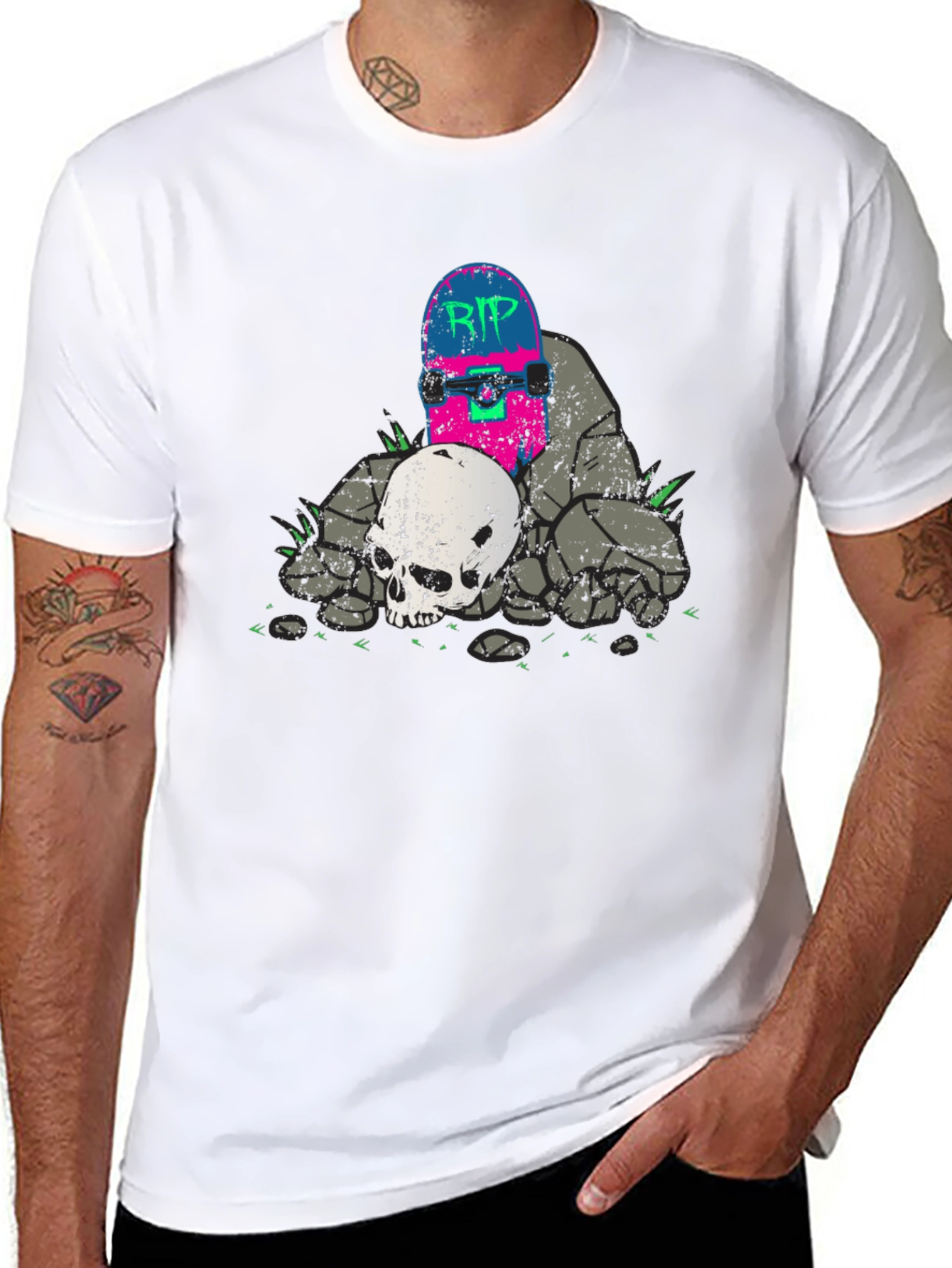 Skateboard & Skull Graphic T-Shirt - RIP Design