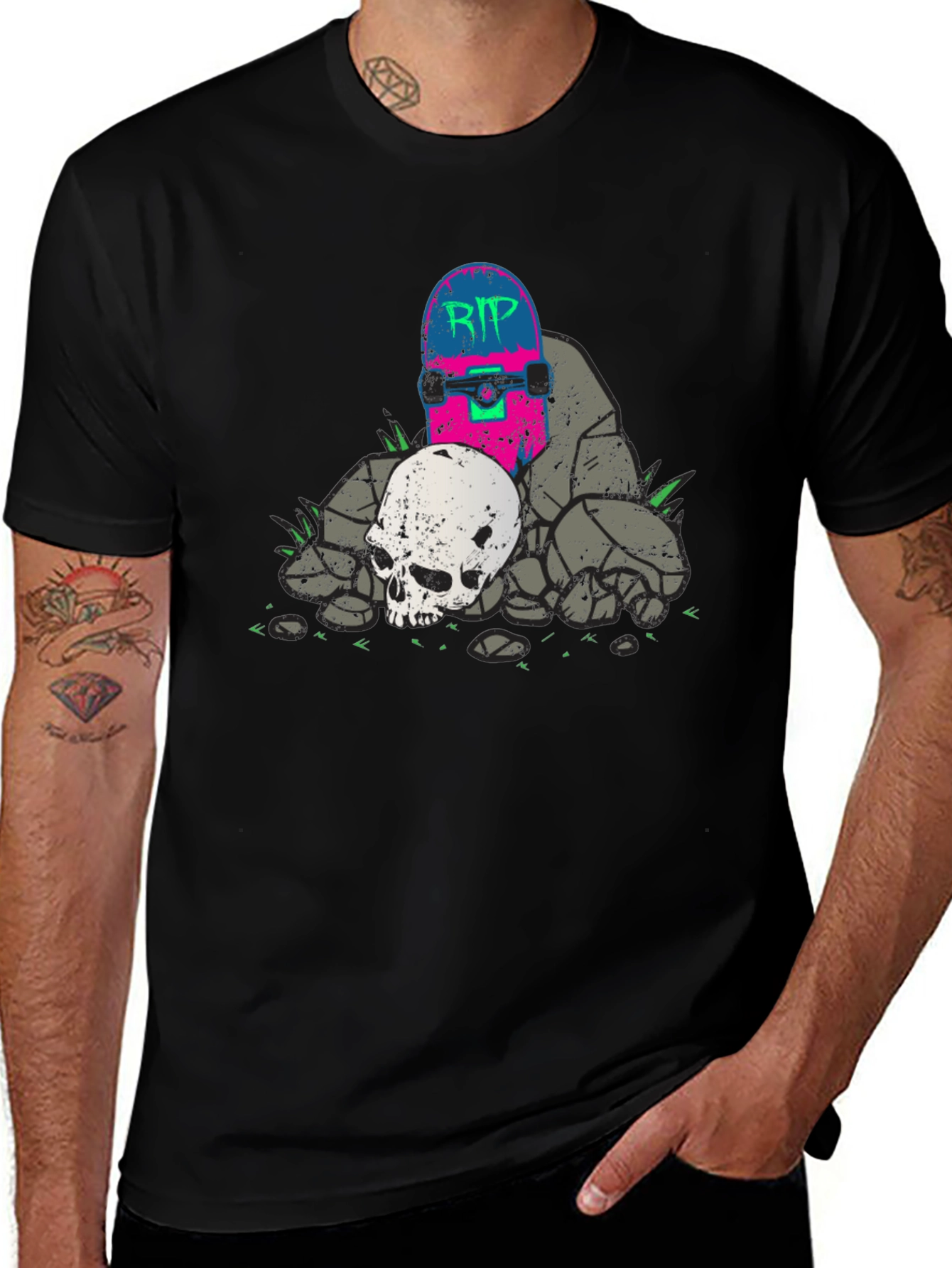 Skateboard & Skull Graphic T-Shirt - RIP Design