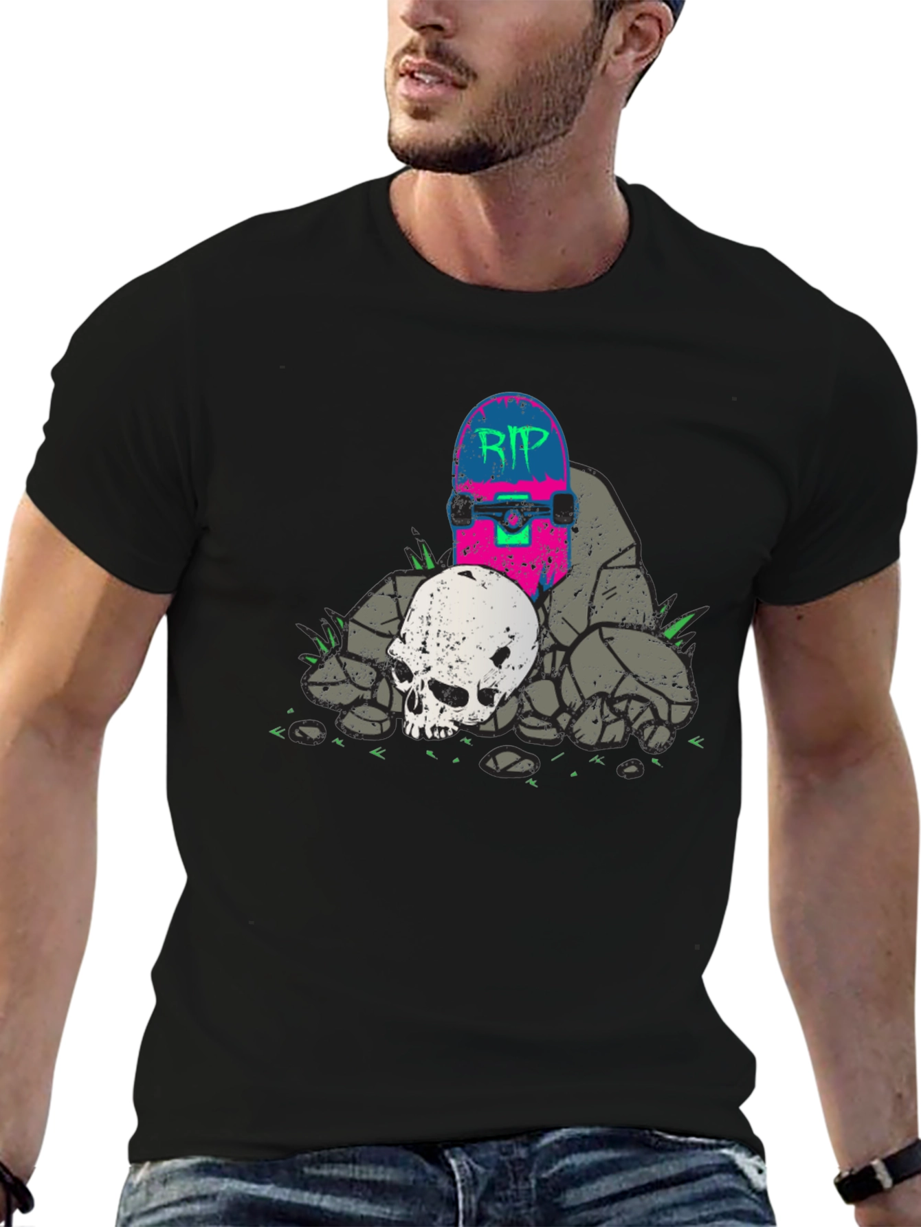 Skateboard & Skull Graphic T-Shirt - RIP Design