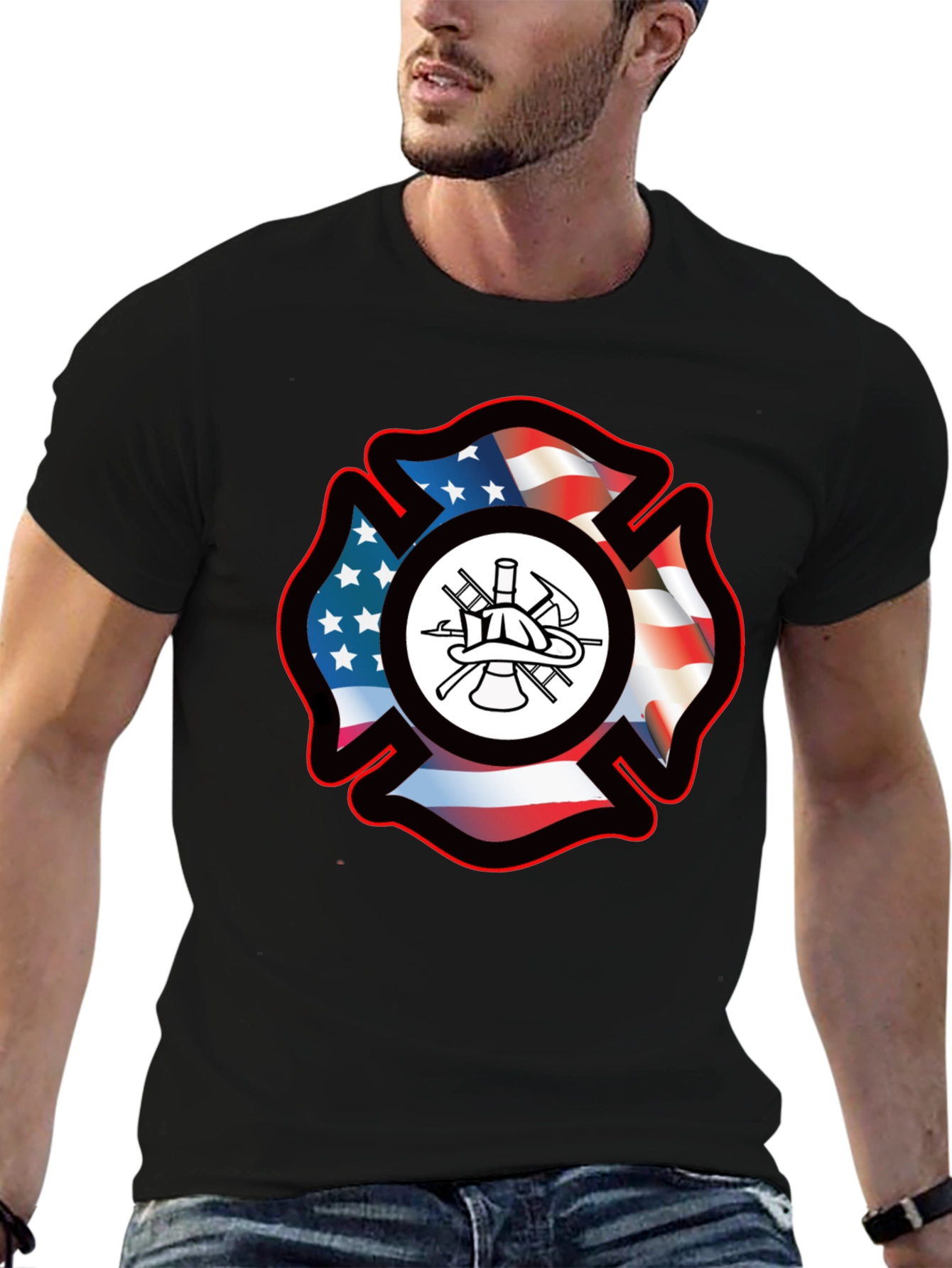 Firefighter Maltese Cross USA Flag T-Shirt