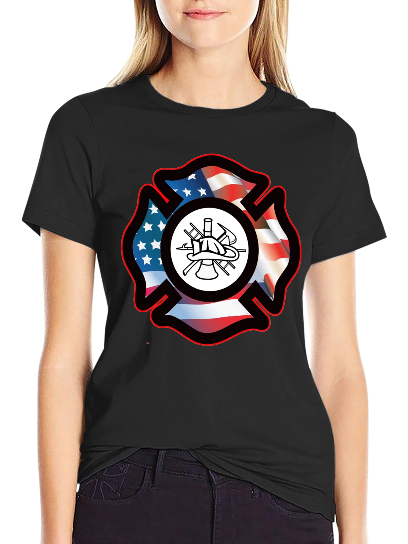 Firefighter Maltese Cross USA Flag T-Shirt