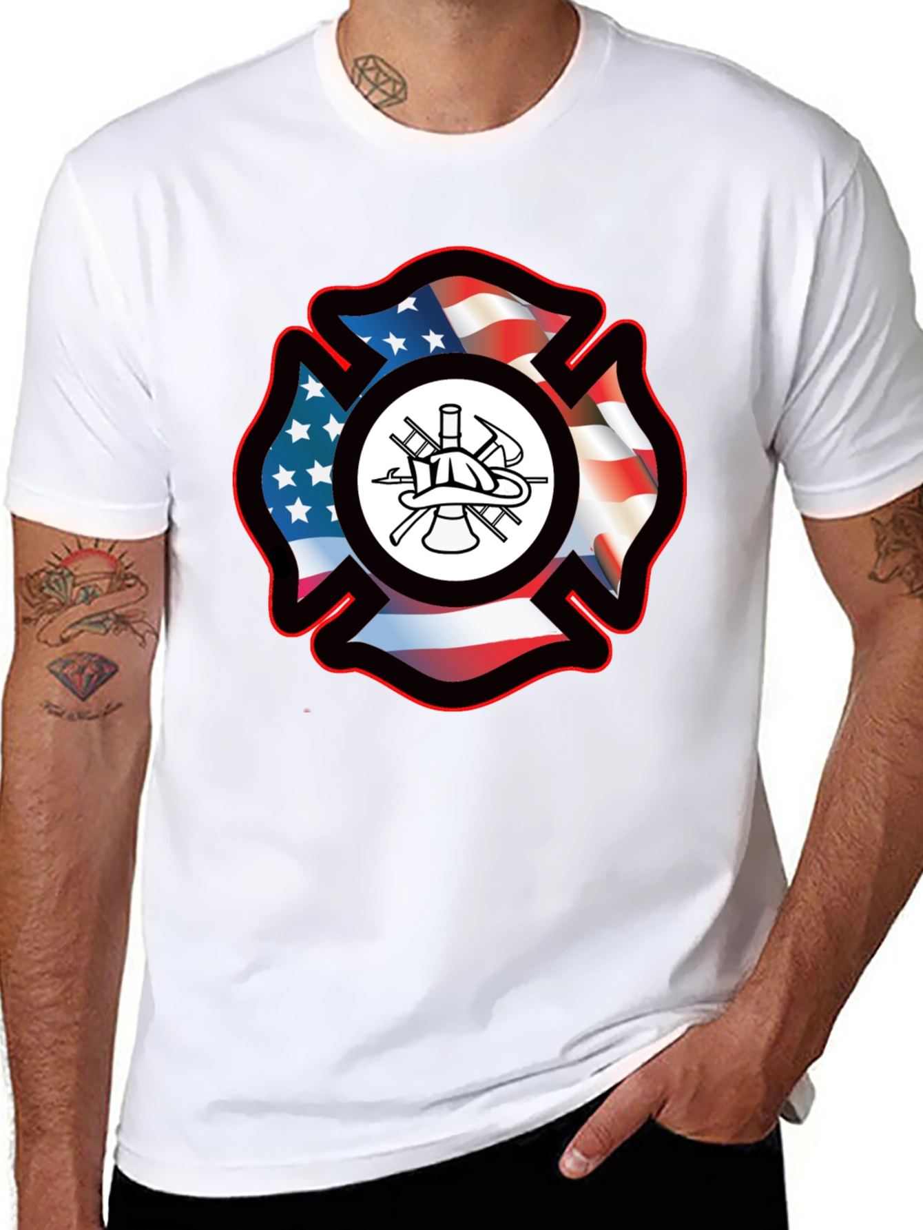 Firefighter Maltese Cross USA Flag T-Shirt