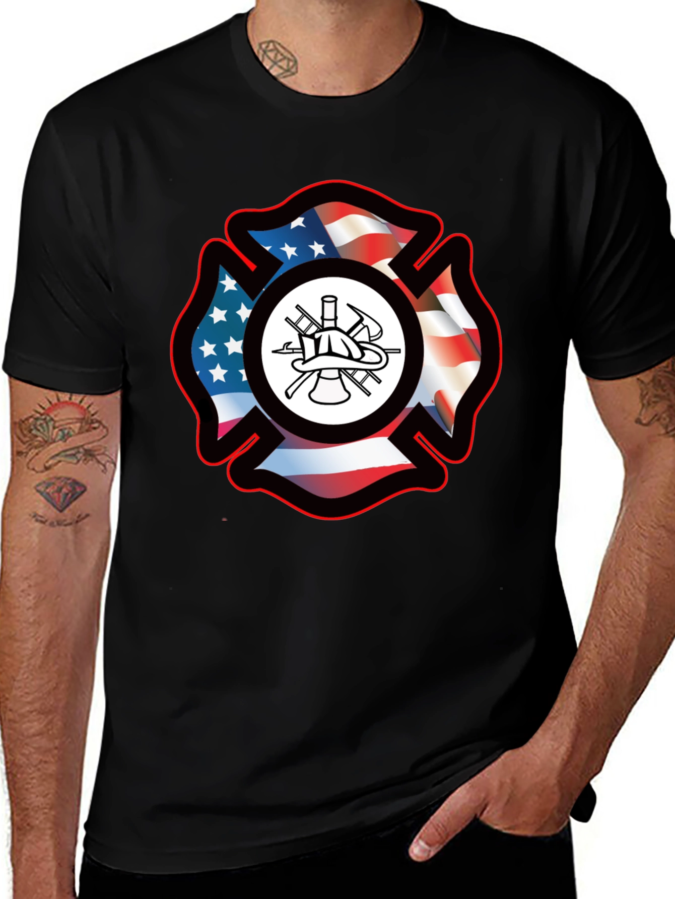 Firefighter Maltese Cross USA Flag T-Shirt