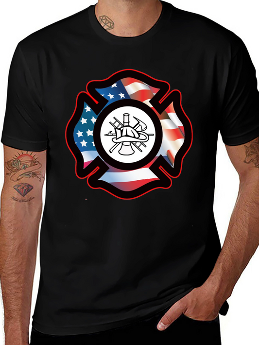 Firefighter Maltese Cross USA Flag T-Shirt