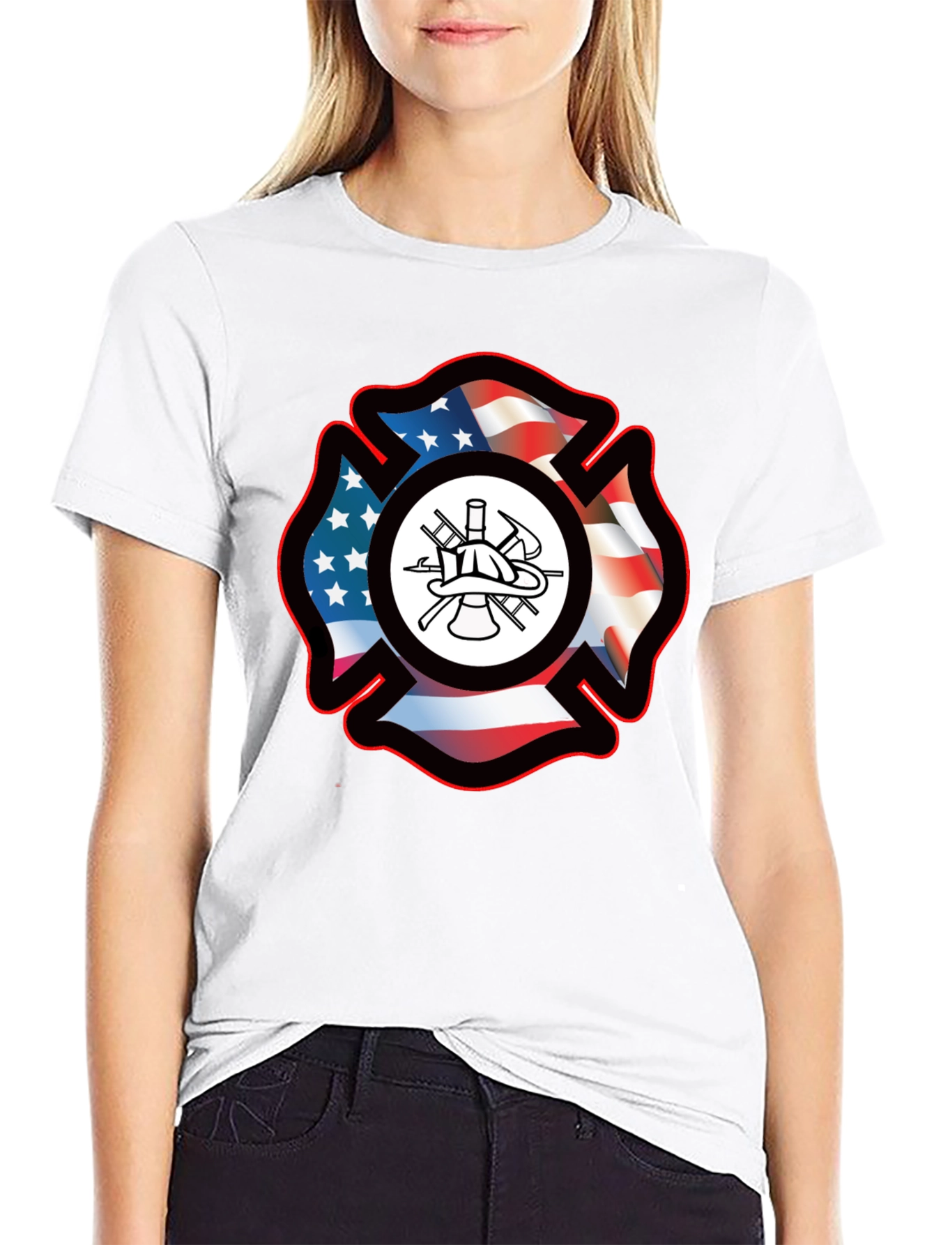 Firefighter Maltese Cross USA Flag T-Shirt