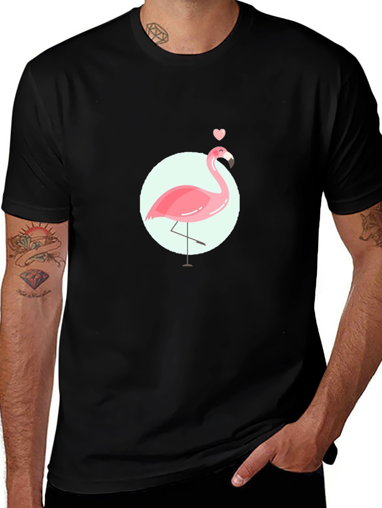 Pink Flamingo Graphic Tee - Black Cotton Casual T-Shirt