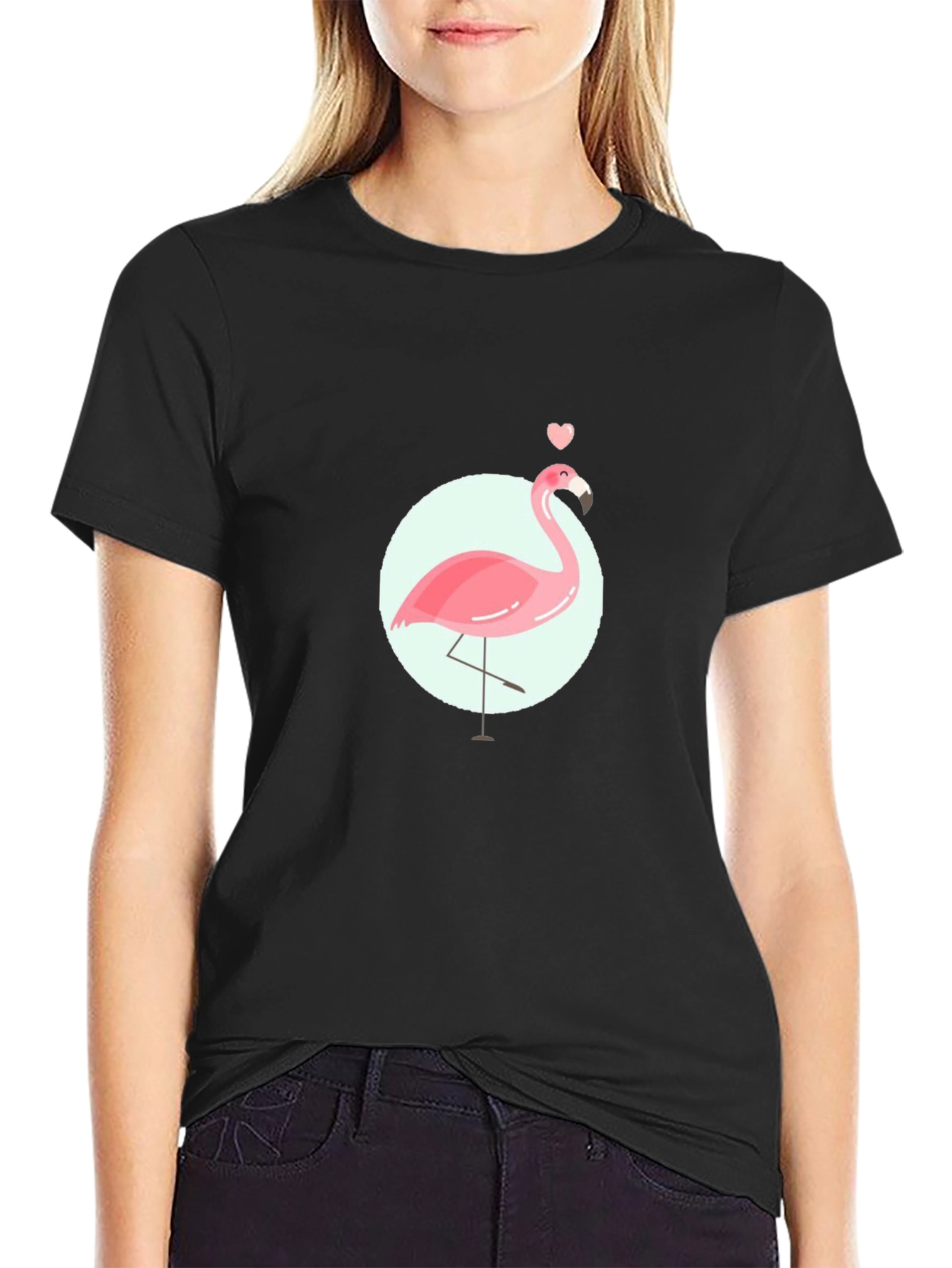 Pink Flamingo Graphic Tee - Black Cotton Casual T-Shirt
