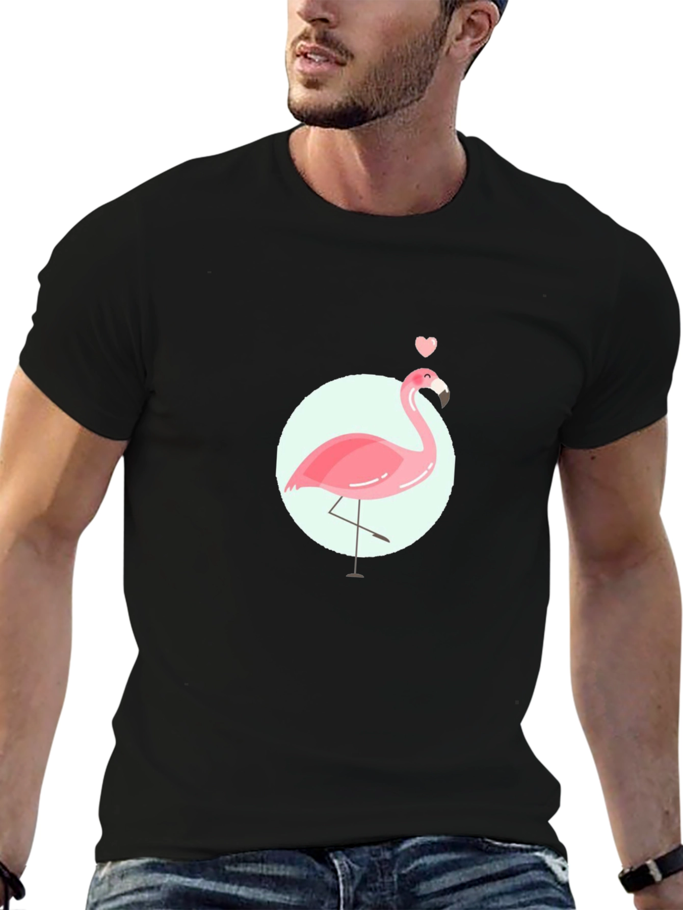 Pink Flamingo Graphic Tee - Black Cotton Casual T-Shirt