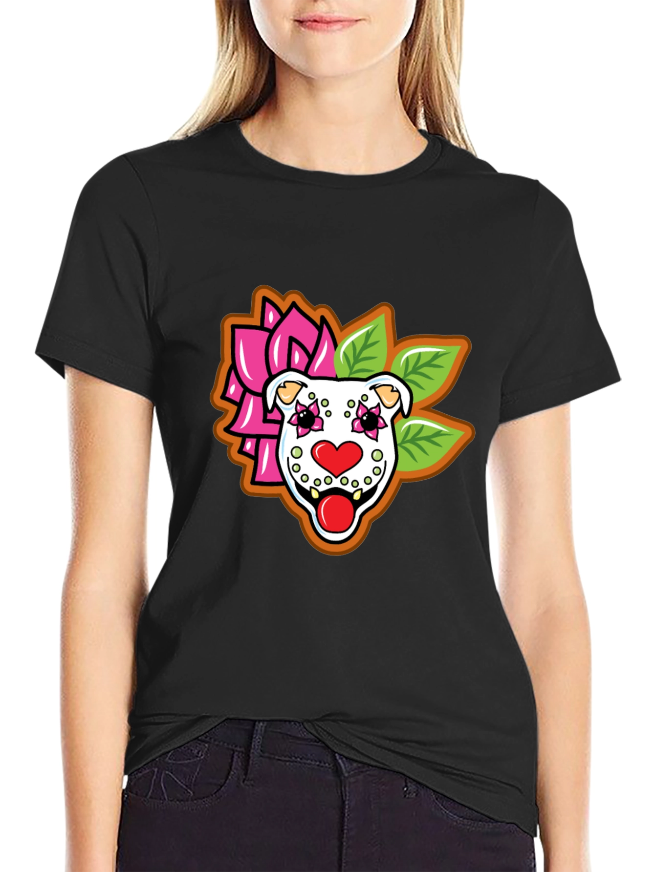 Sugar Skull Pitbull Graphic Tee - Black