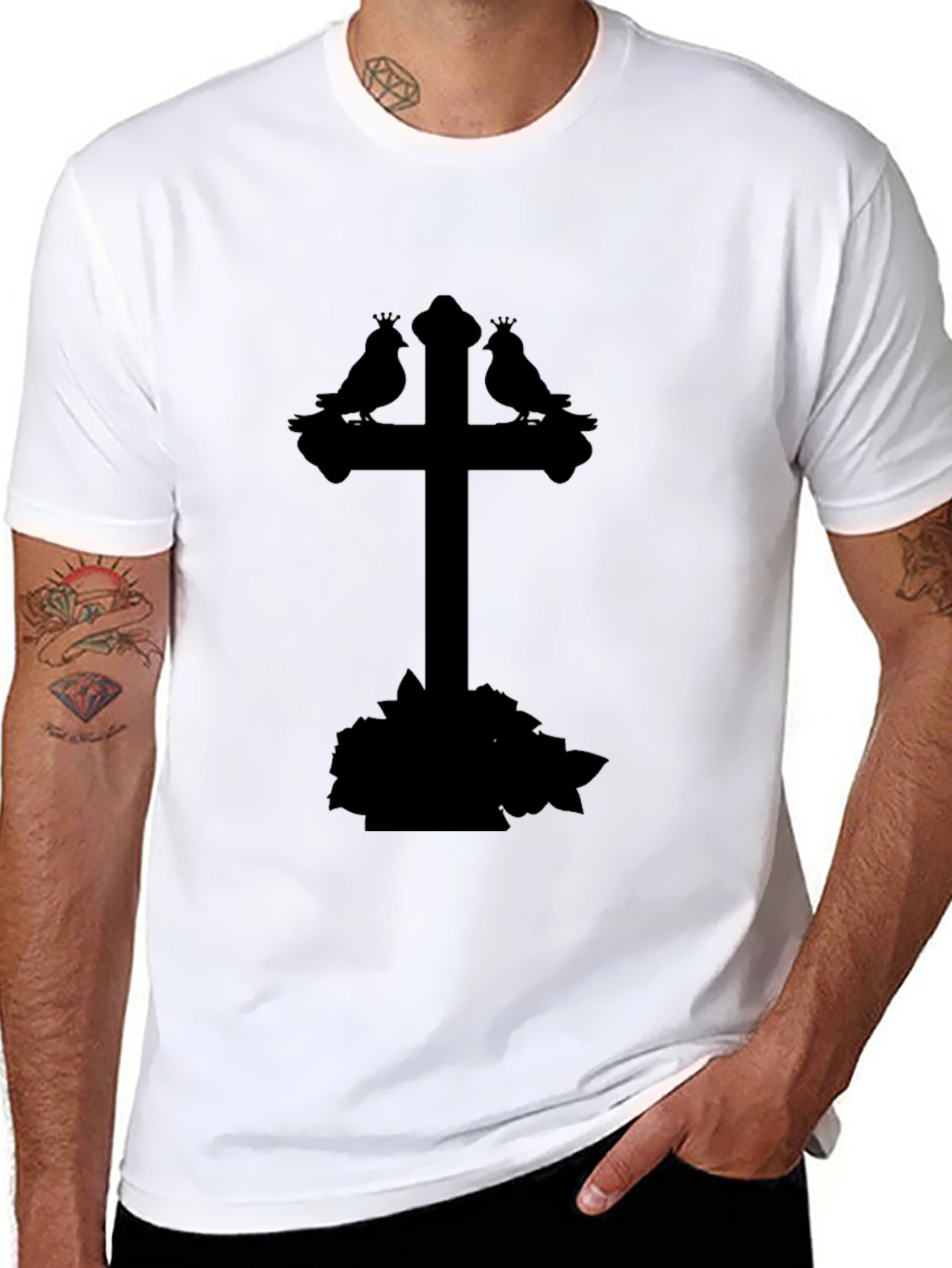 Gothic Bird Cross Tee - Stylish Unisex Black T-Shirt