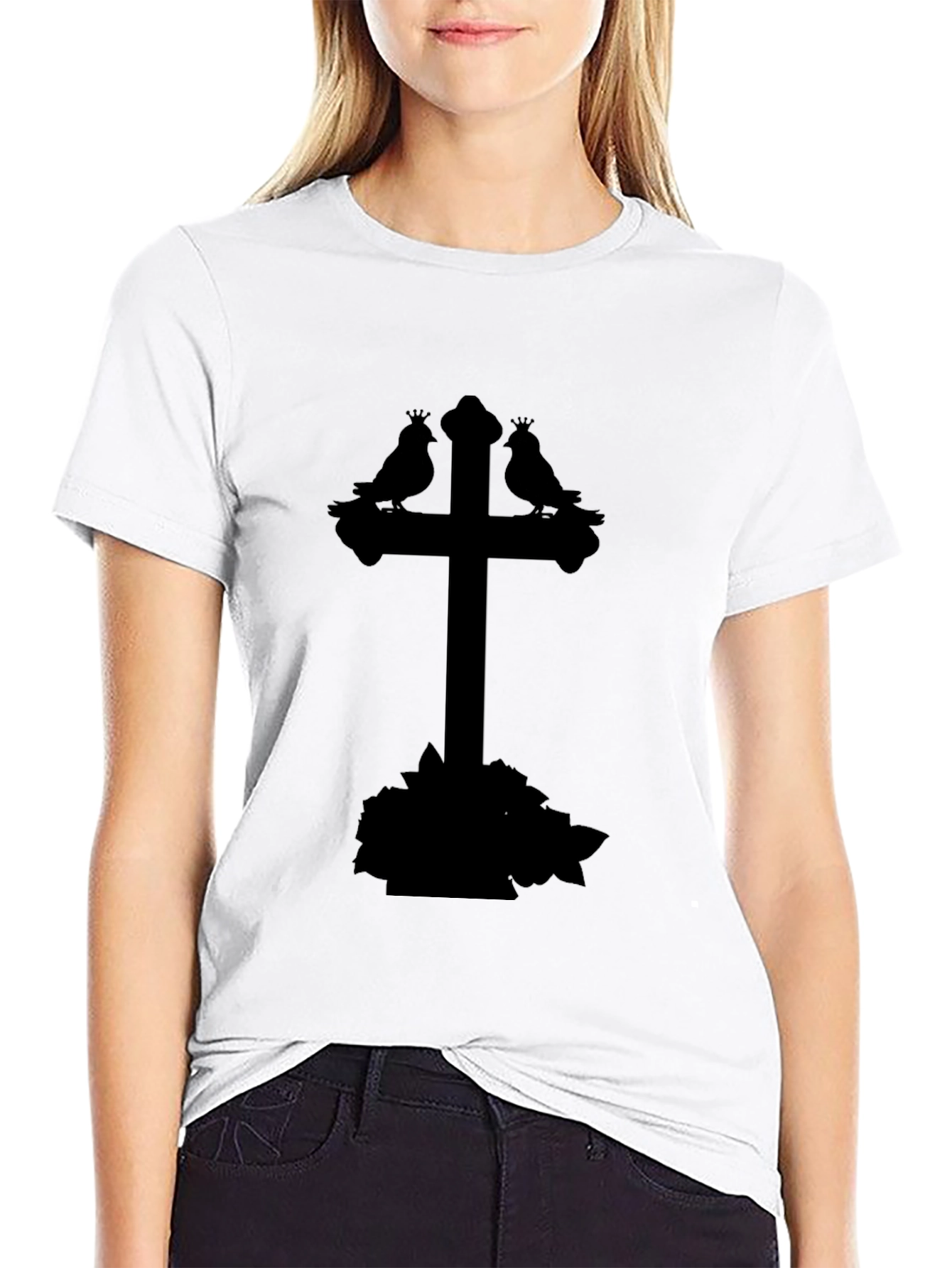 Gothic Bird Cross Tee - Stylish Unisex Black T-Shirt