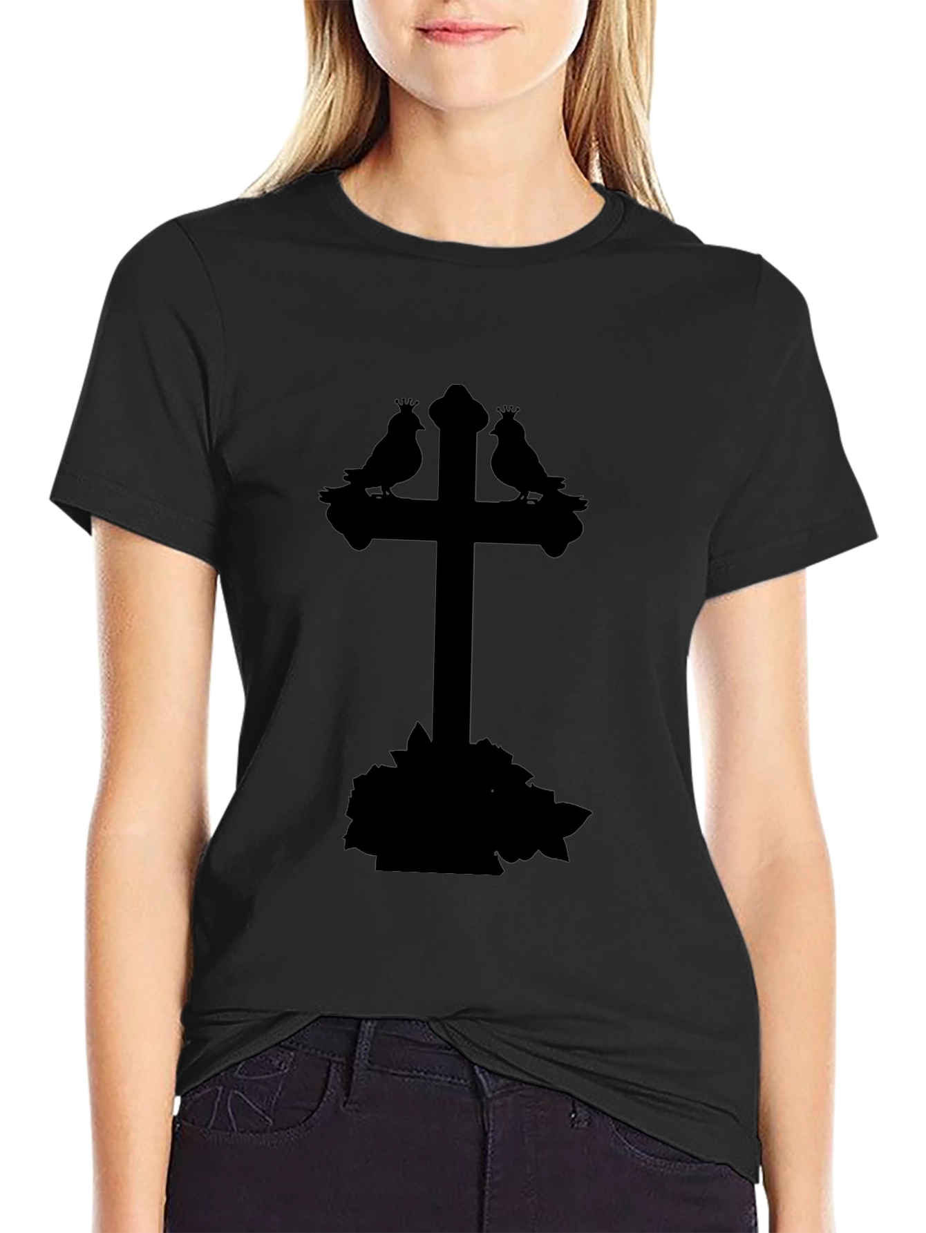 Gothic Bird Cross Tee - Stylish Unisex Black T-Shirt
