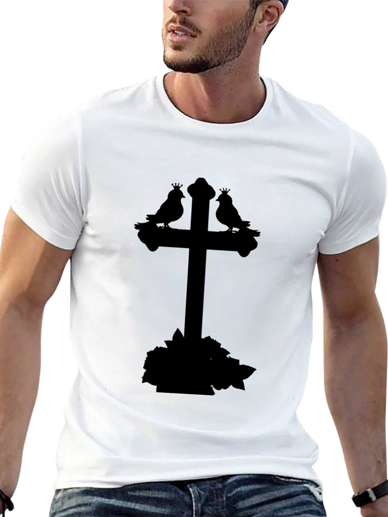 Gothic Bird Cross Tee - Stylish Unisex Black T-Shirt
