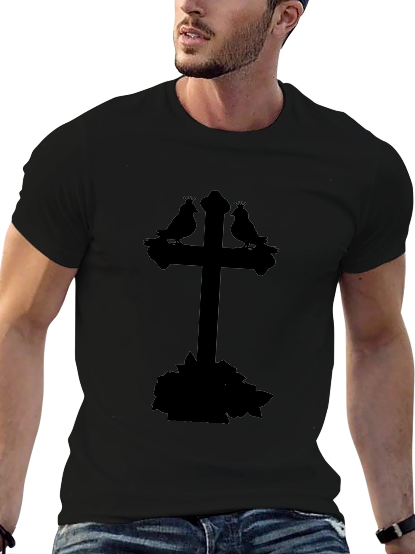 Gothic Bird Cross Tee - Stylish Unisex Black T-Shirt