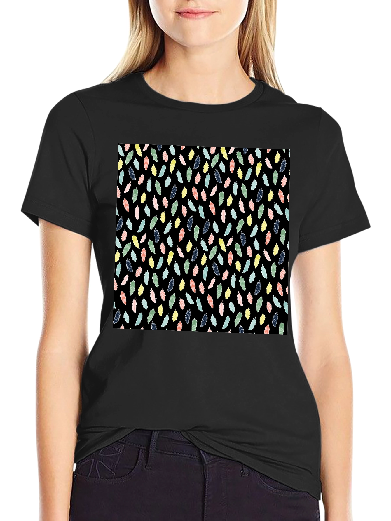 Feather Pattern Black T-Shirt