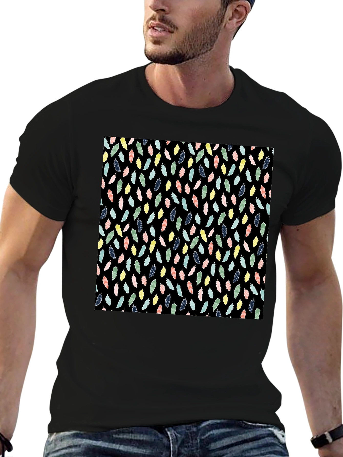Feather Pattern Black T-Shirt