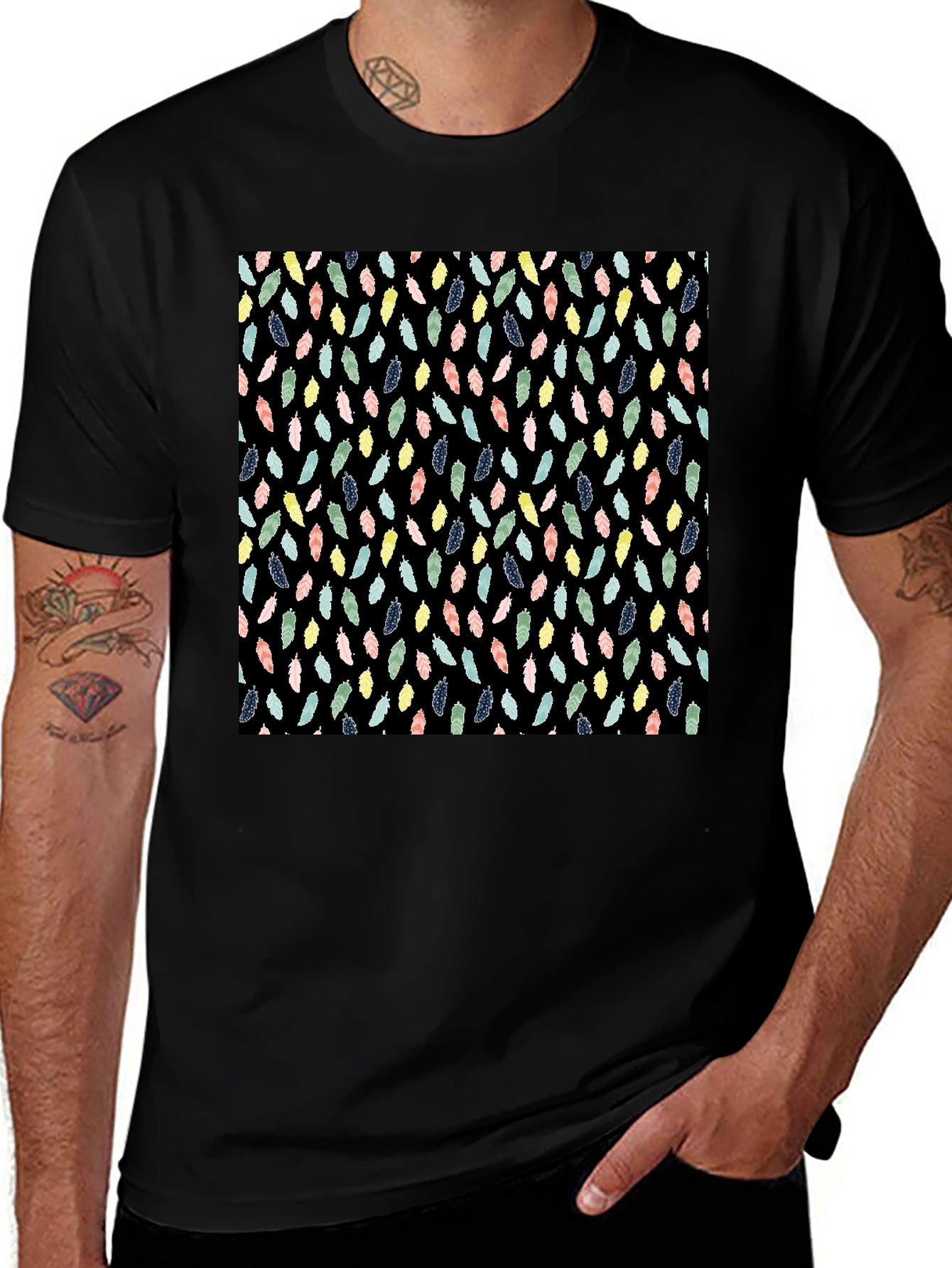 Feather Pattern Black T-Shirt