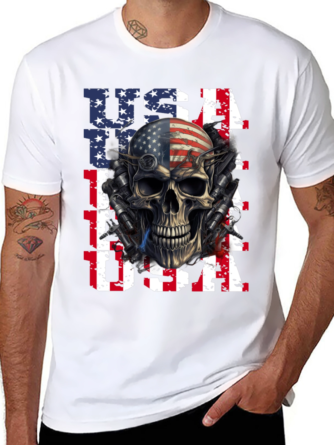 USA Flag Skull Graphic Print T-Shirt