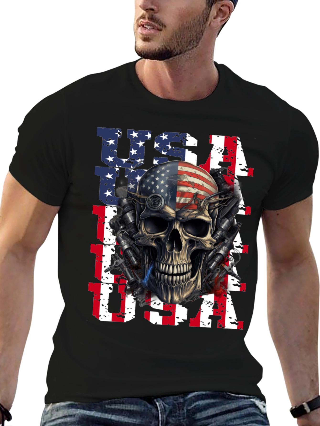 USA Flag Skull Graphic Print T-Shirt