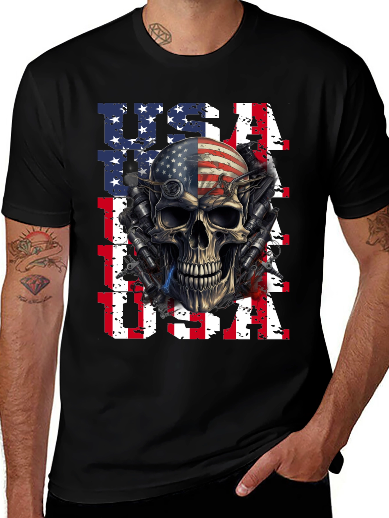 USA Flag Skull Graphic Print T-Shirt
