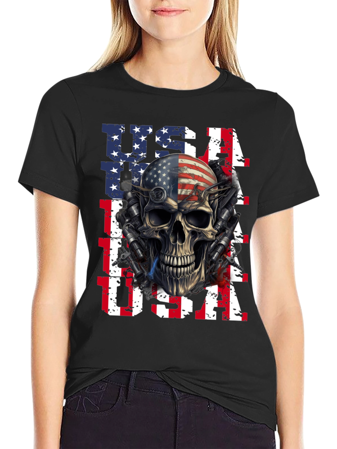 USA Flag Skull Graphic Print T-Shirt