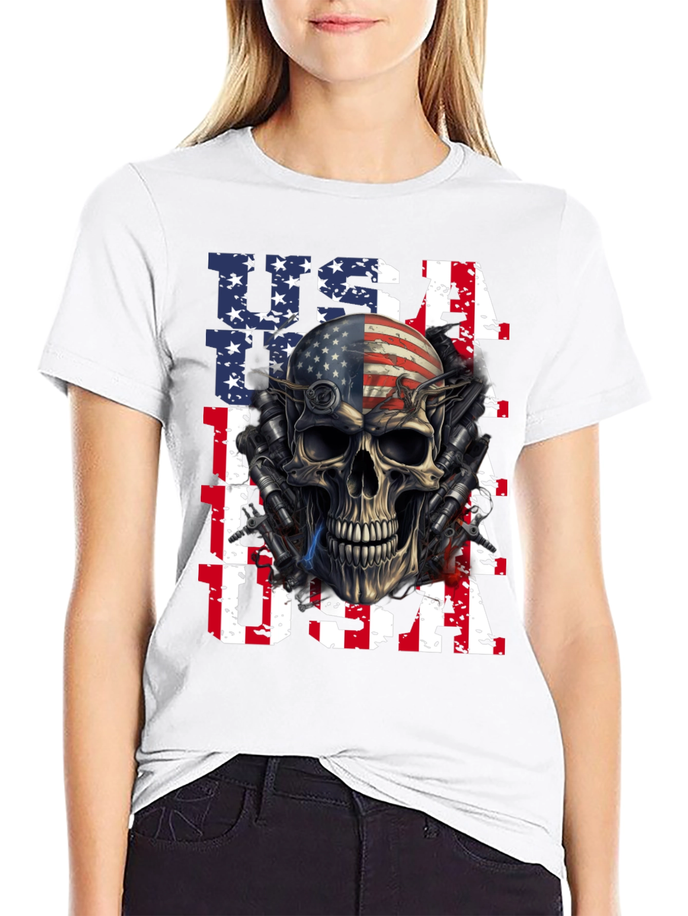 USA Flag Skull Graphic Print T-Shirt