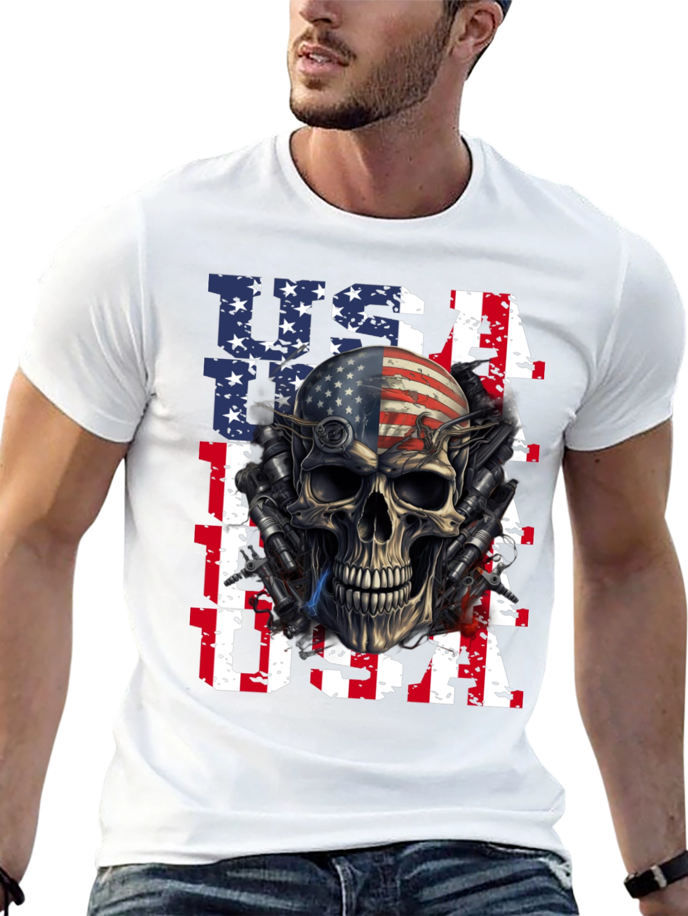 USA Flag Skull Graphic Print T-Shirt