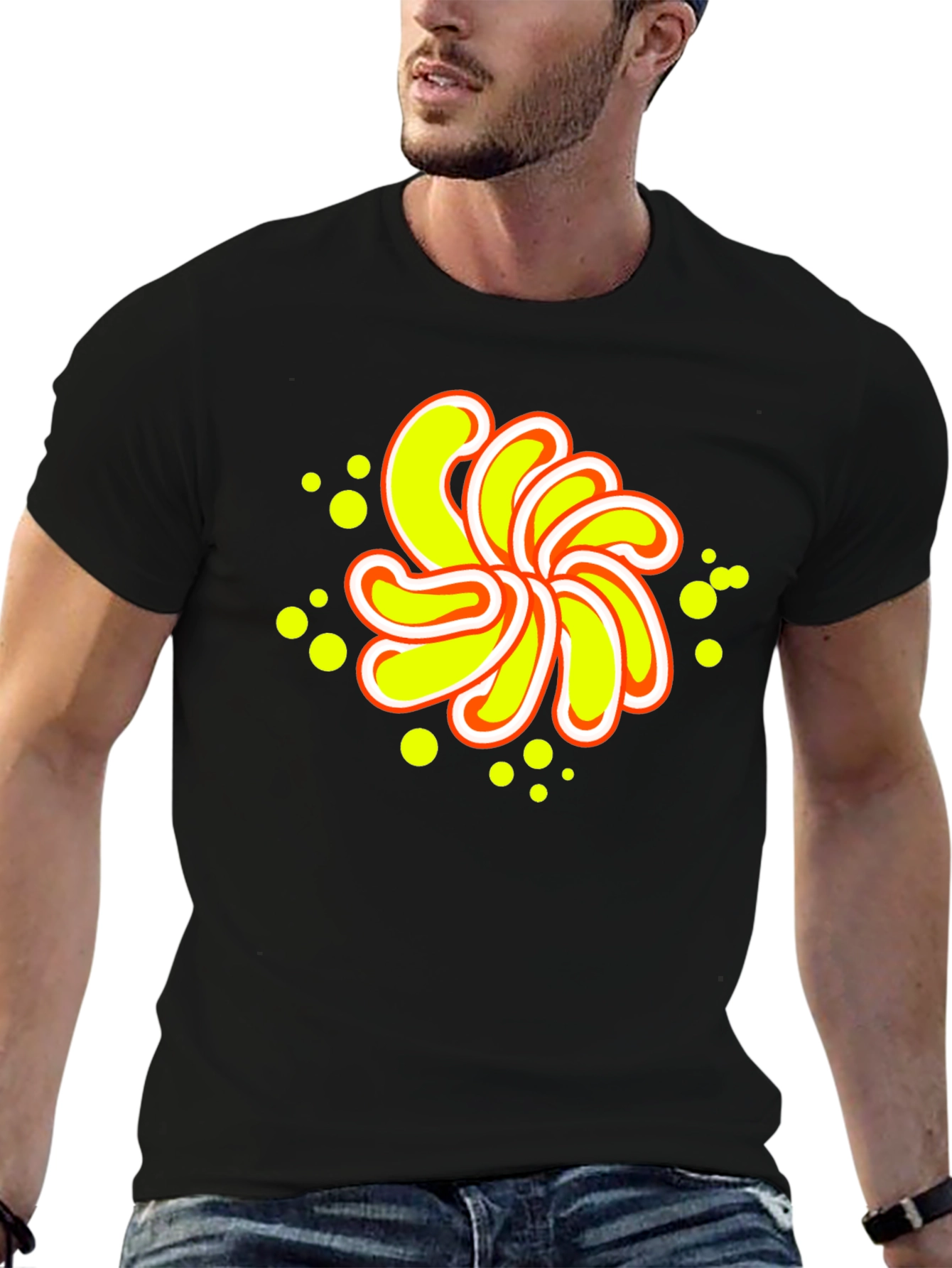Abstract Yellow Flower Graphic Black T-Shirt