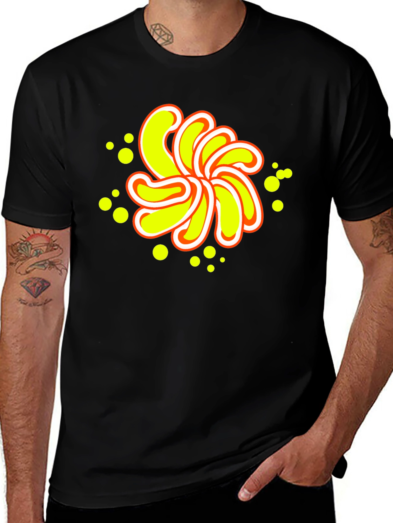 Abstract Yellow Flower Graphic Black T-Shirt
