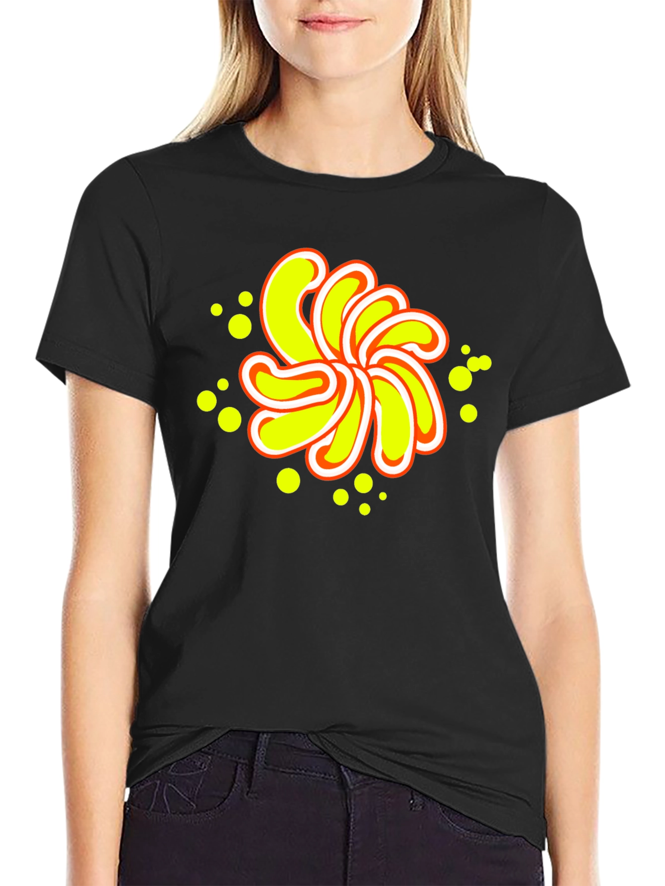Abstract Yellow Flower Graphic Black T-Shirt