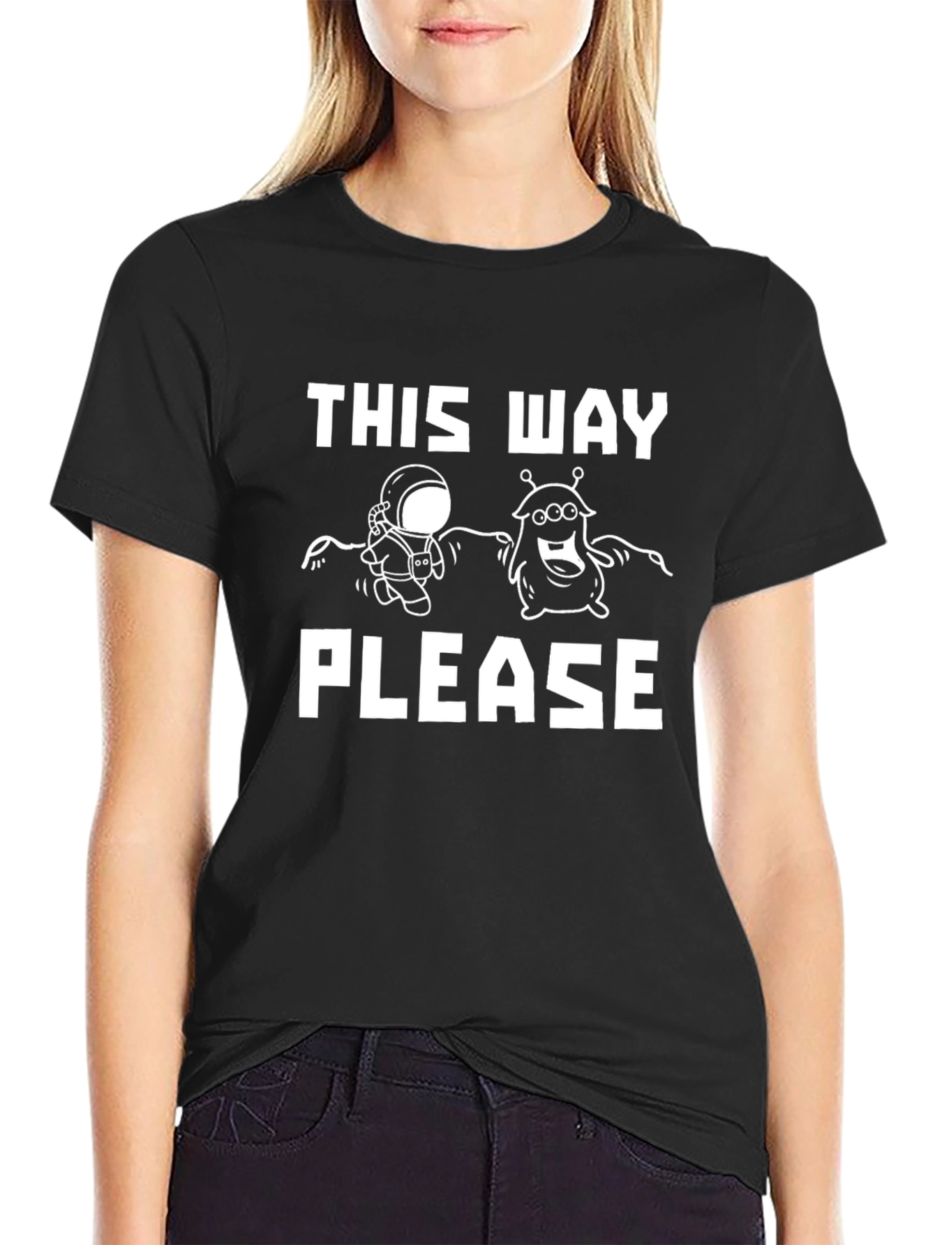 This Way Please T-Shirt: Astronaut & Alien Graphic Tee