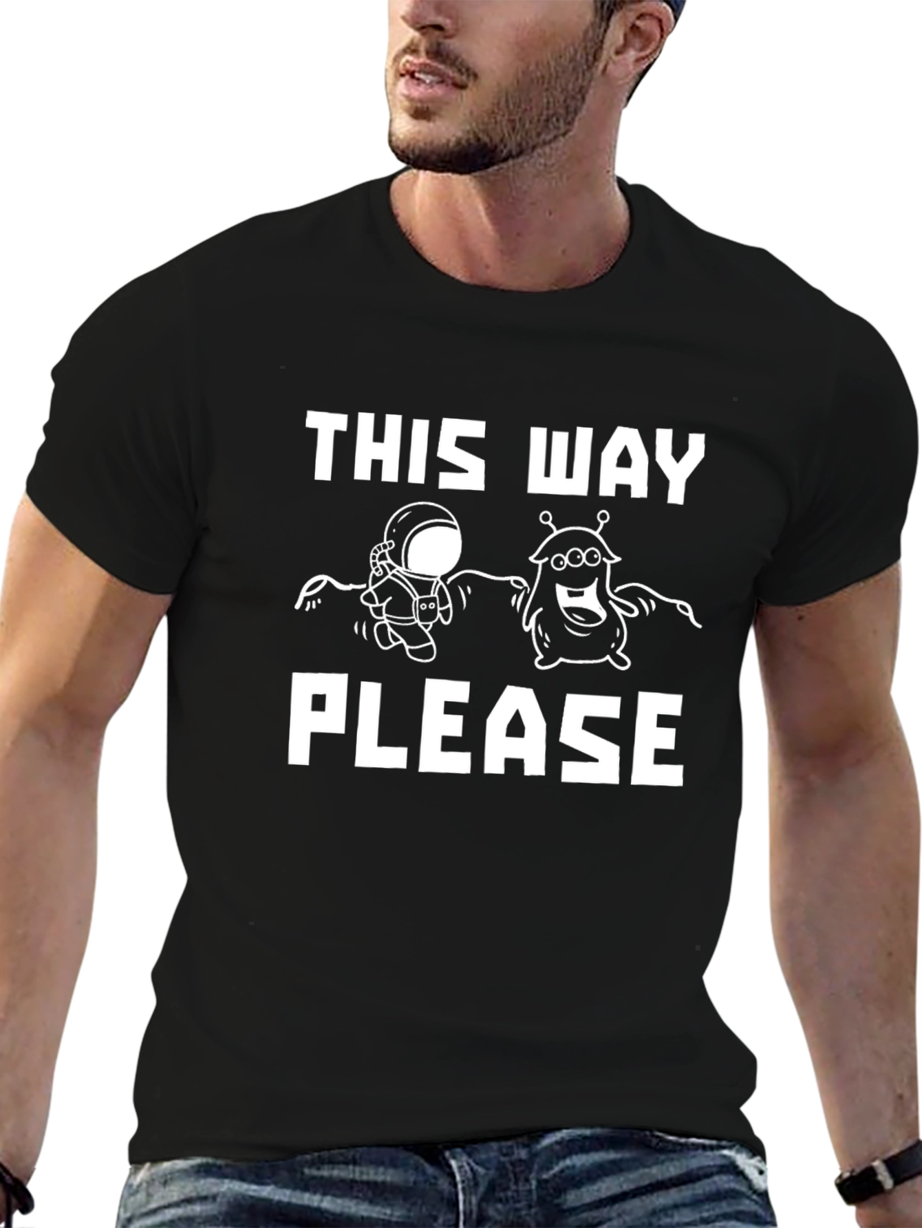 This Way Please T-Shirt: Astronaut & Alien Graphic Tee