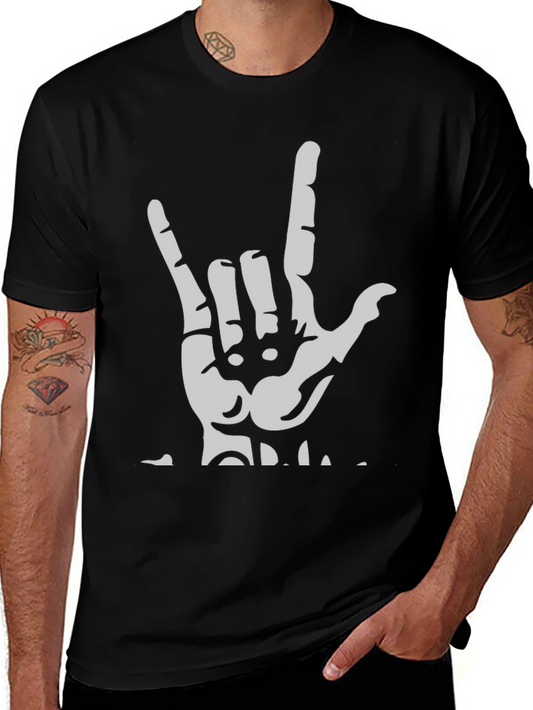 Rock On Hand Sign Graphic Tee - Black Cotton Blend
