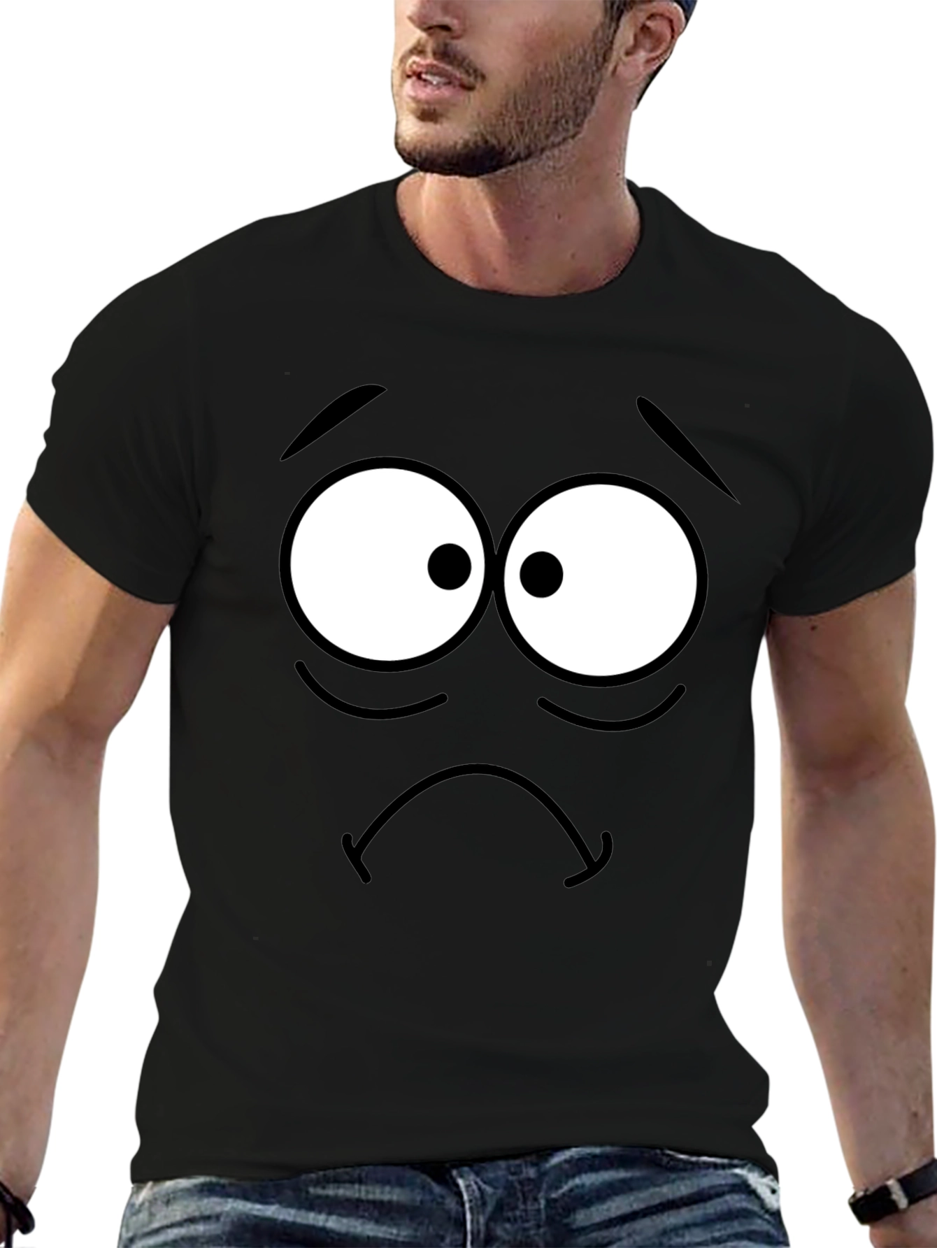 Sad Cartoon Face Black T-Shirt
