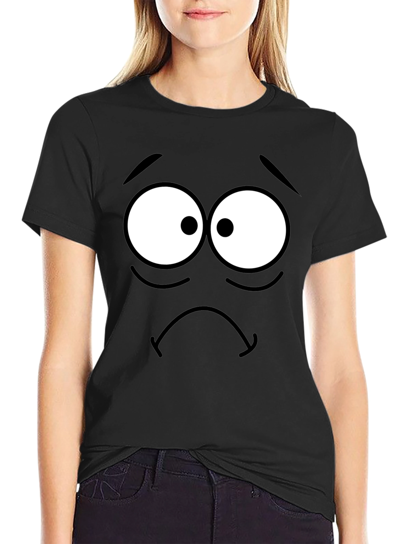 Sad Cartoon Face Black T-Shirt