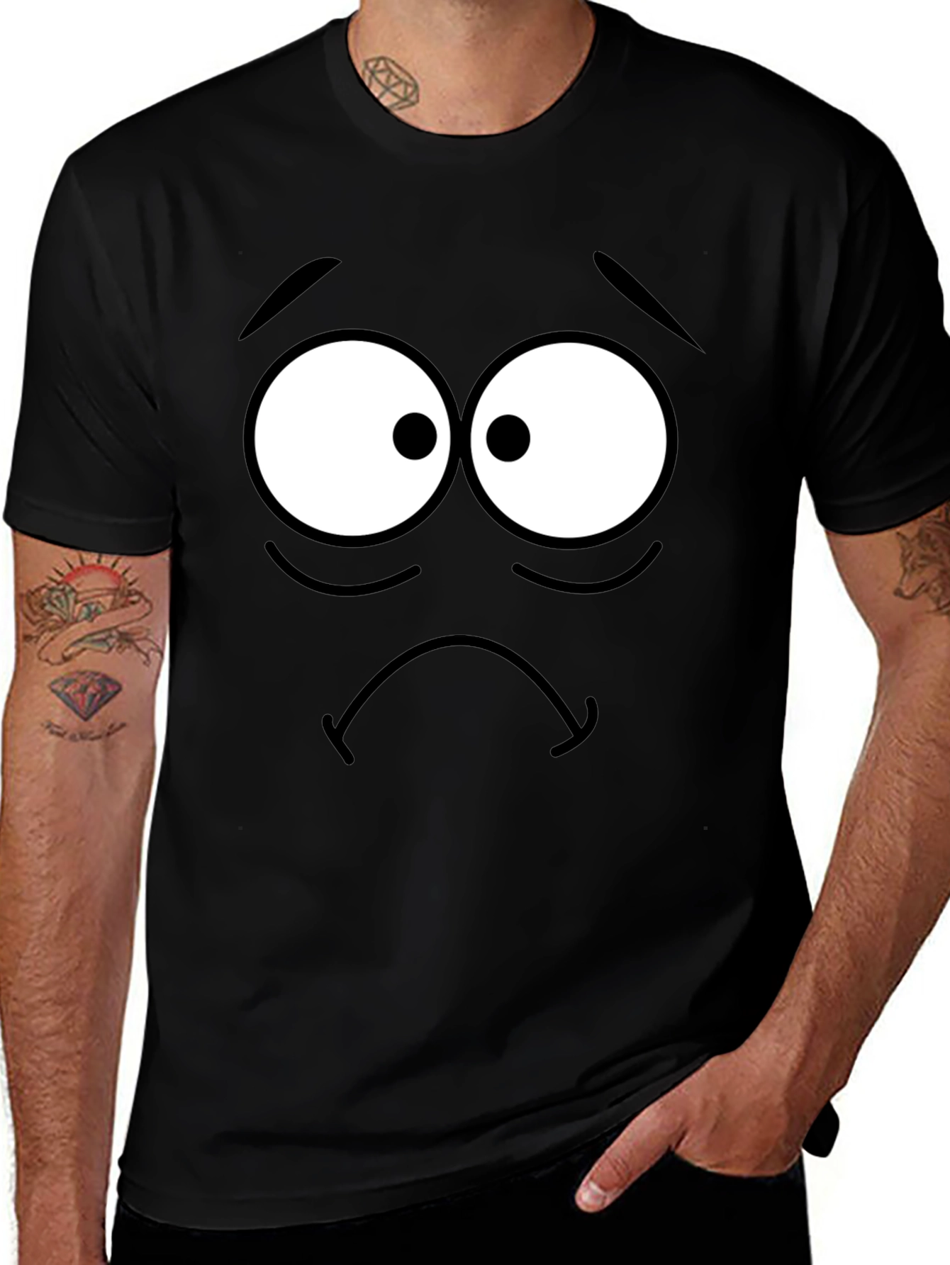 Sad Cartoon Face Black T-Shirt