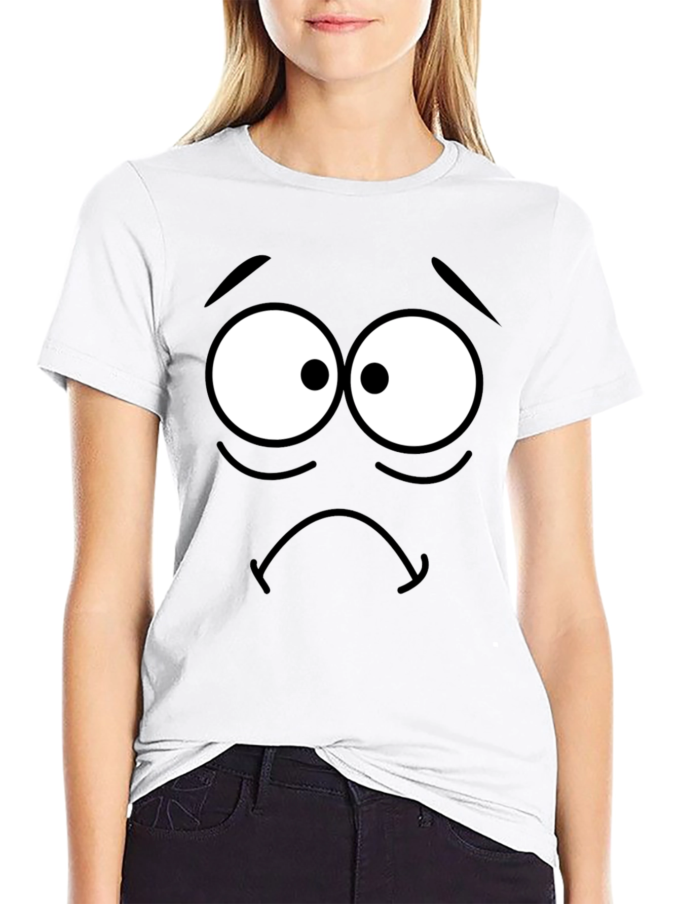 Sad Cartoon Face Black T-Shirt