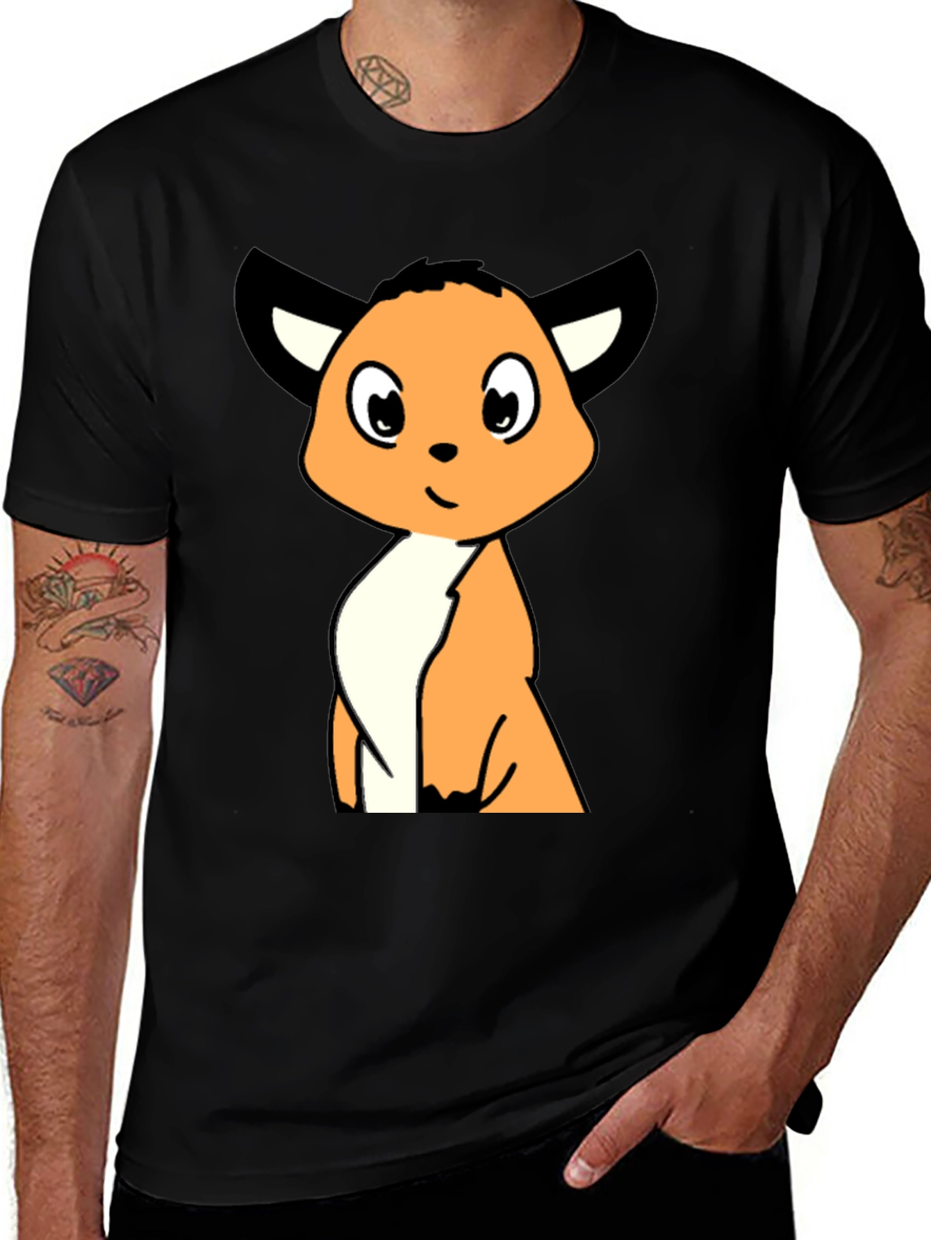 Cartoon Fox Graphic Tee - Black Casual T-Shirt
