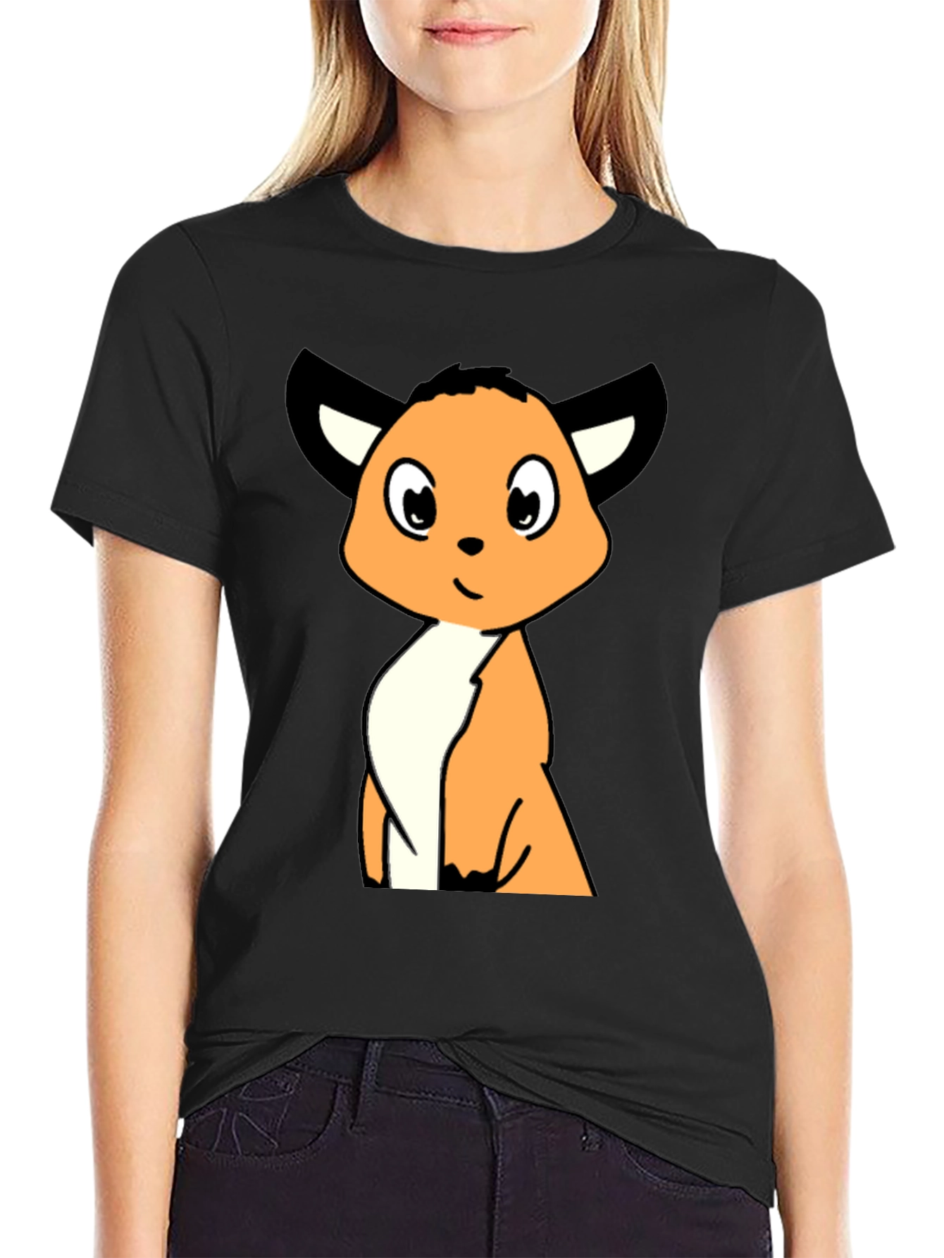 Cartoon Fox Graphic Tee - Black Casual T-Shirt