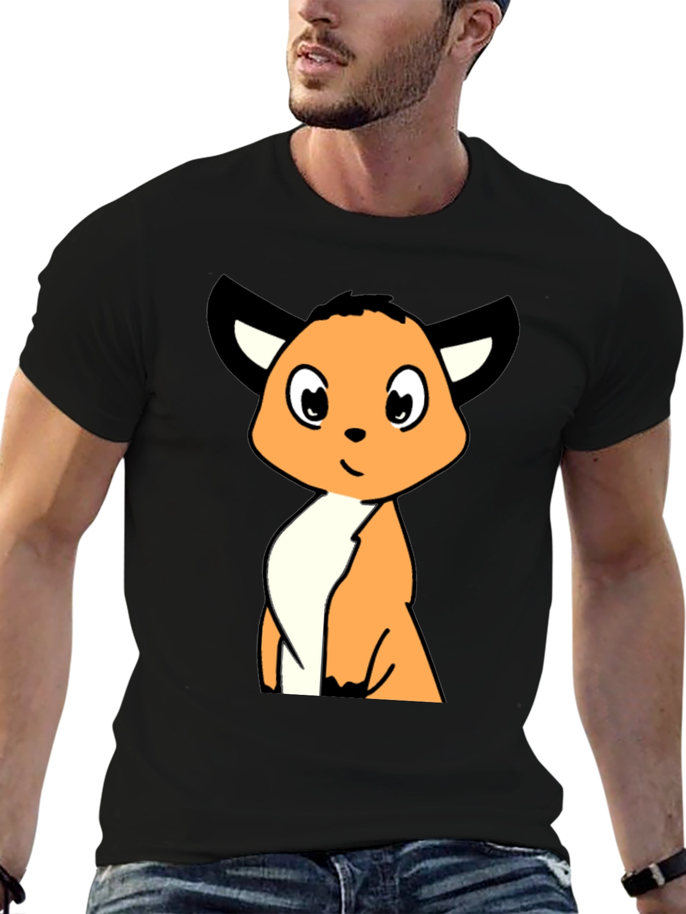 Cartoon Fox Graphic Tee - Black Casual T-Shirt