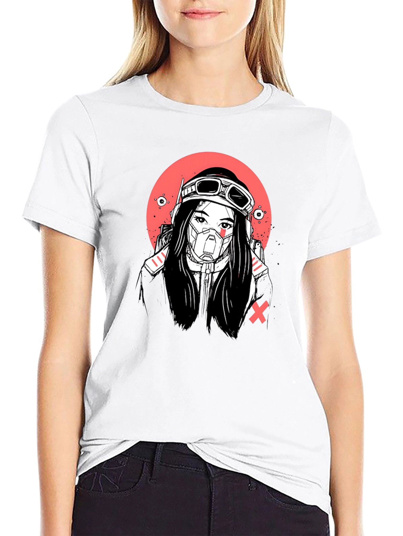 Cyberpunk Girl Graphic Tee - Bold Black T-Shirt