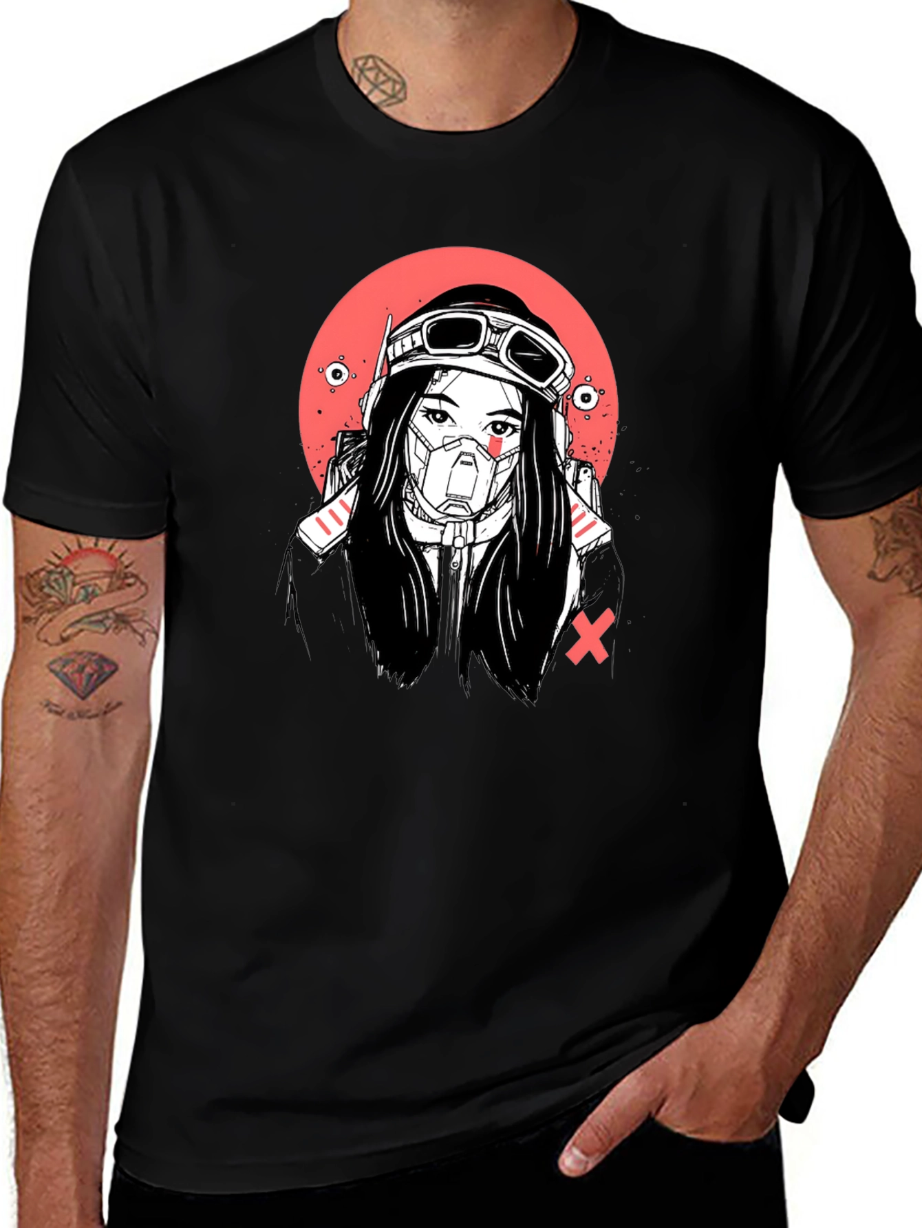 Cyberpunk Girl Graphic Tee - Bold Black T-Shirt