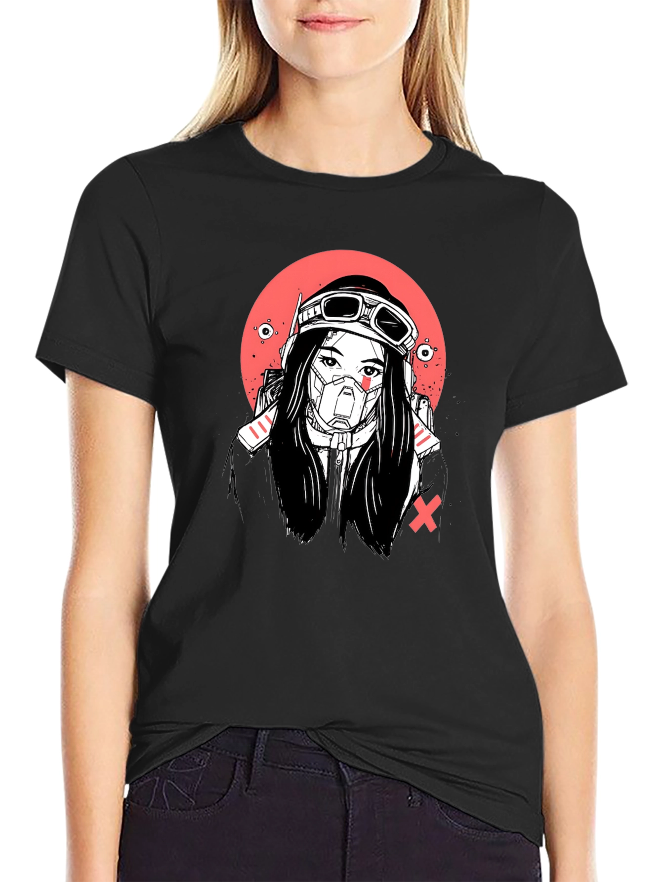 Cyberpunk Girl Graphic Tee - Bold Black T-Shirt