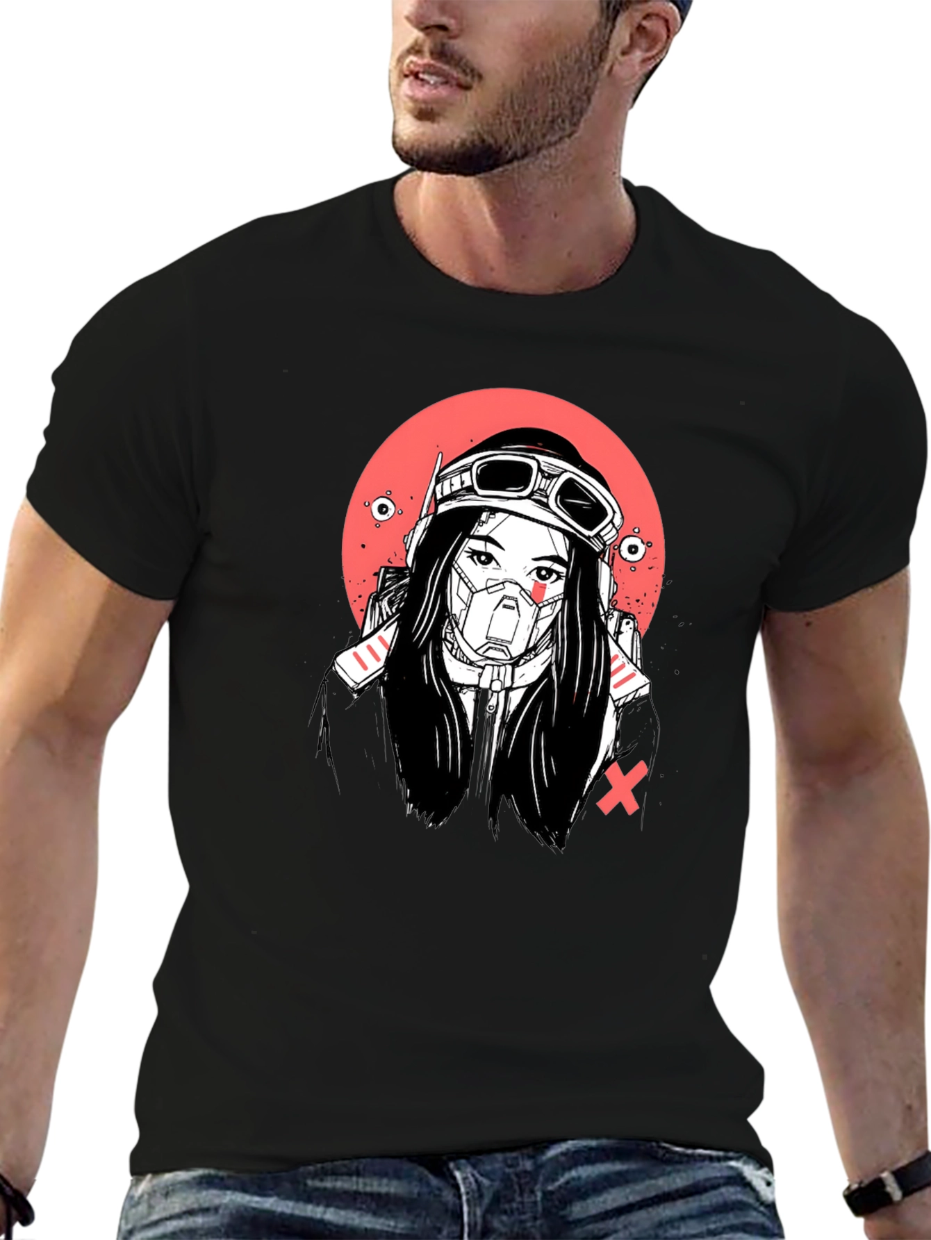 Cyberpunk Girl Graphic Tee - Bold Black T-Shirt