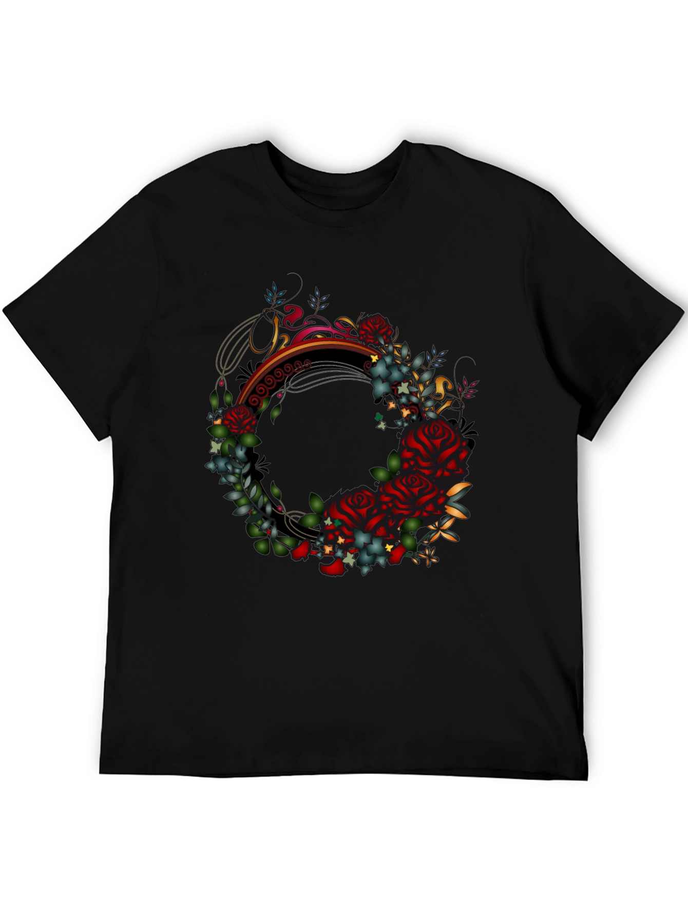 Floral Wreath Graphic Black T-Shirt