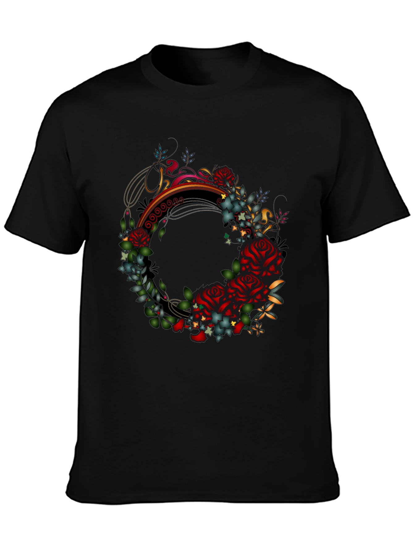 Floral Wreath Graphic Black T-Shirt