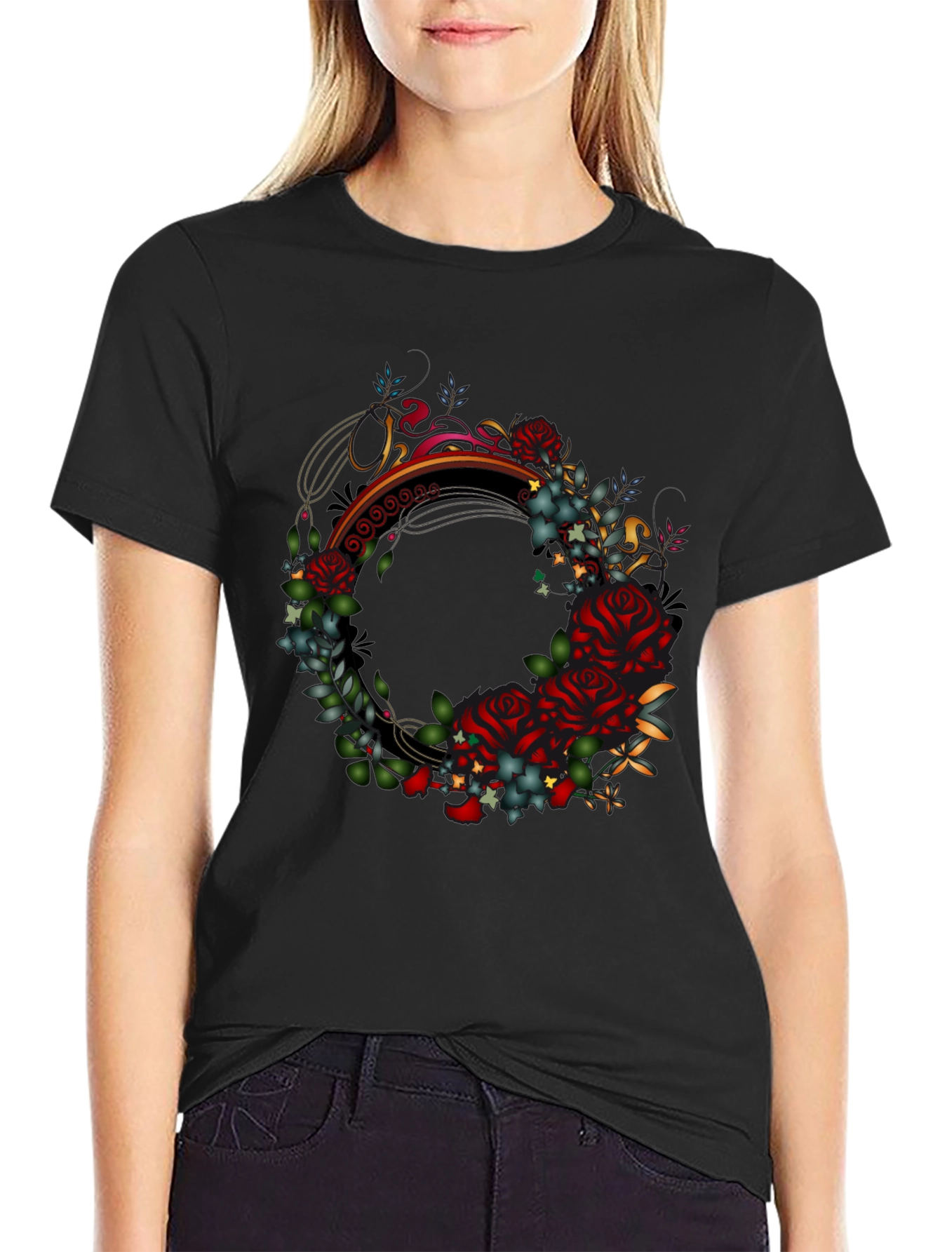 Floral Wreath Graphic Black T-Shirt