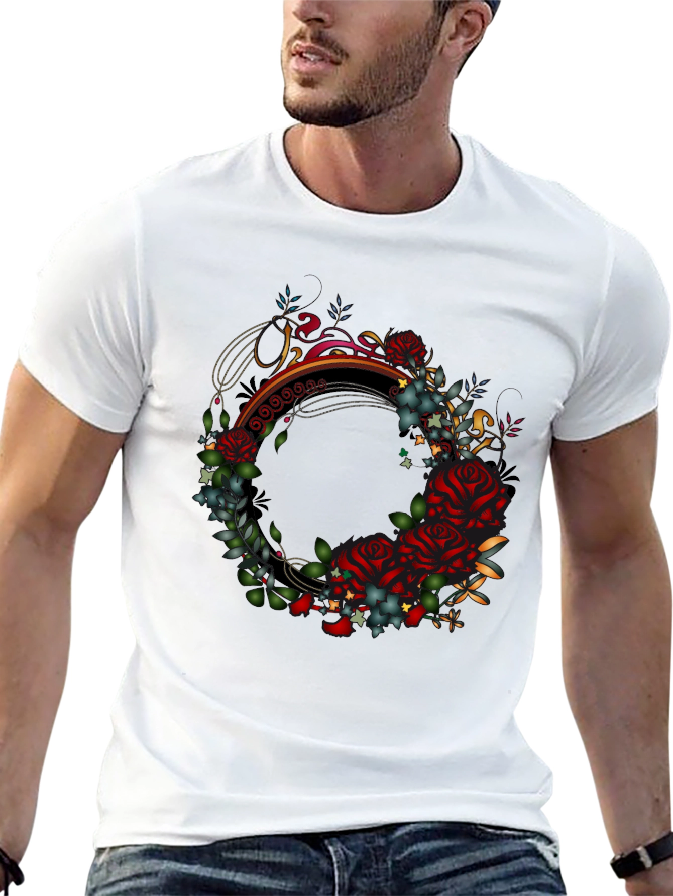 Floral Wreath Graphic Black T-Shirt