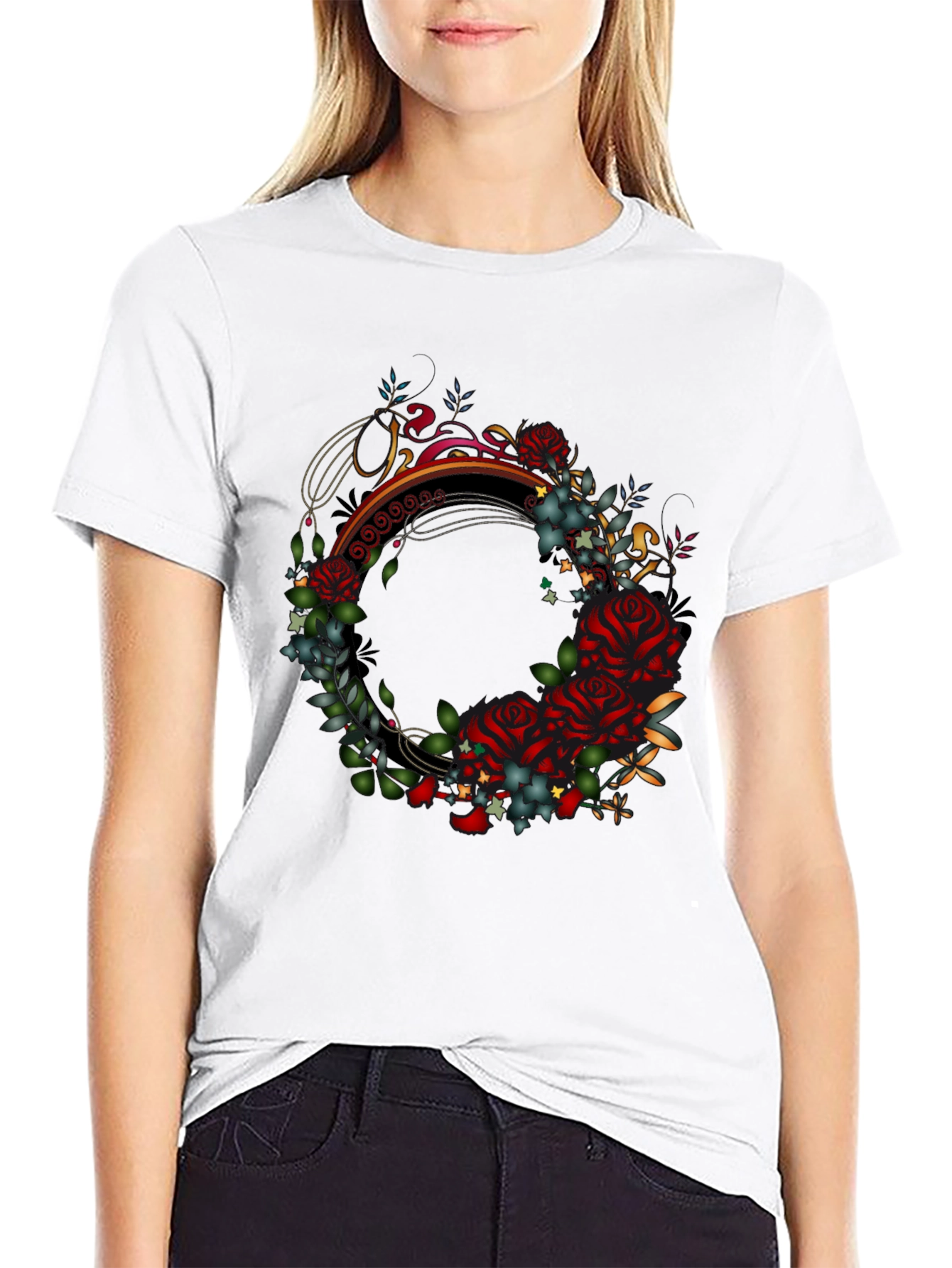 Floral Wreath Graphic Black T-Shirt